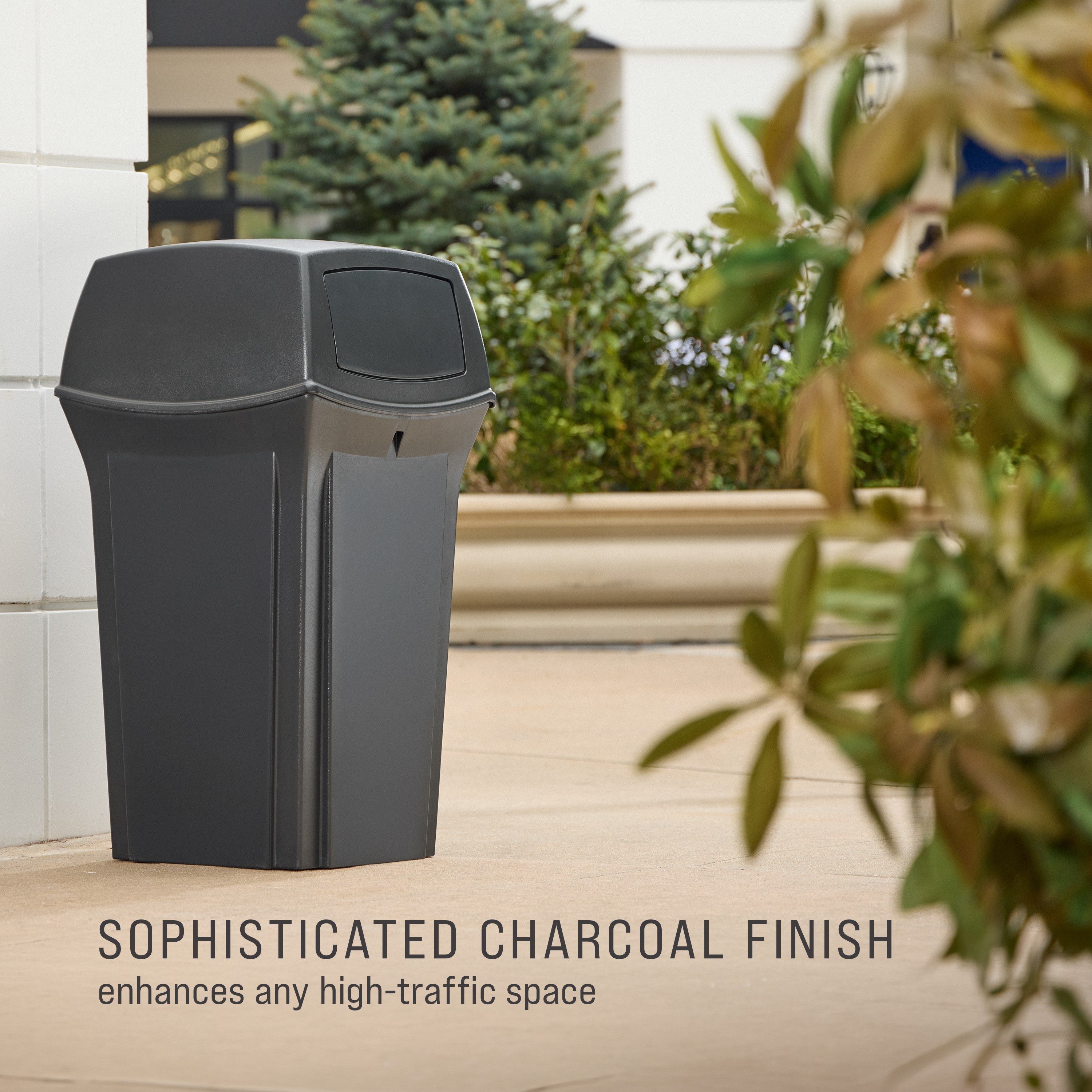 The Rubbermaid Commercial Products® Ranger 35-Gallon Container features two hinged doors that conceal waste and control odor. The updated charcoal color blends seamlessly with a variety of spaces.