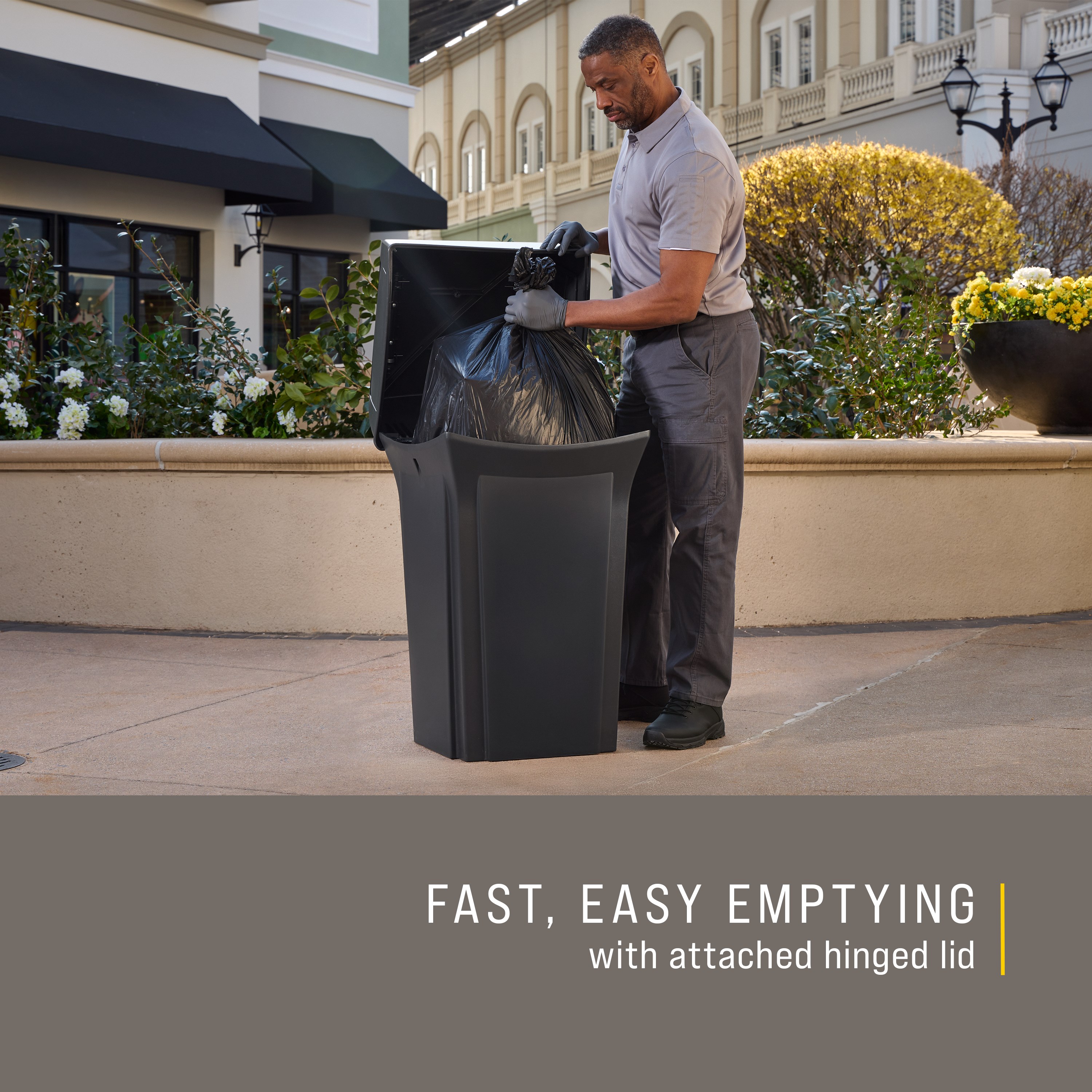 The Rubbermaid Commercial Products® Ranger 35-Gallon Container features two hinged doors that conceal waste and control odor. The updated charcoal color blends seamlessly with a variety of spaces.
