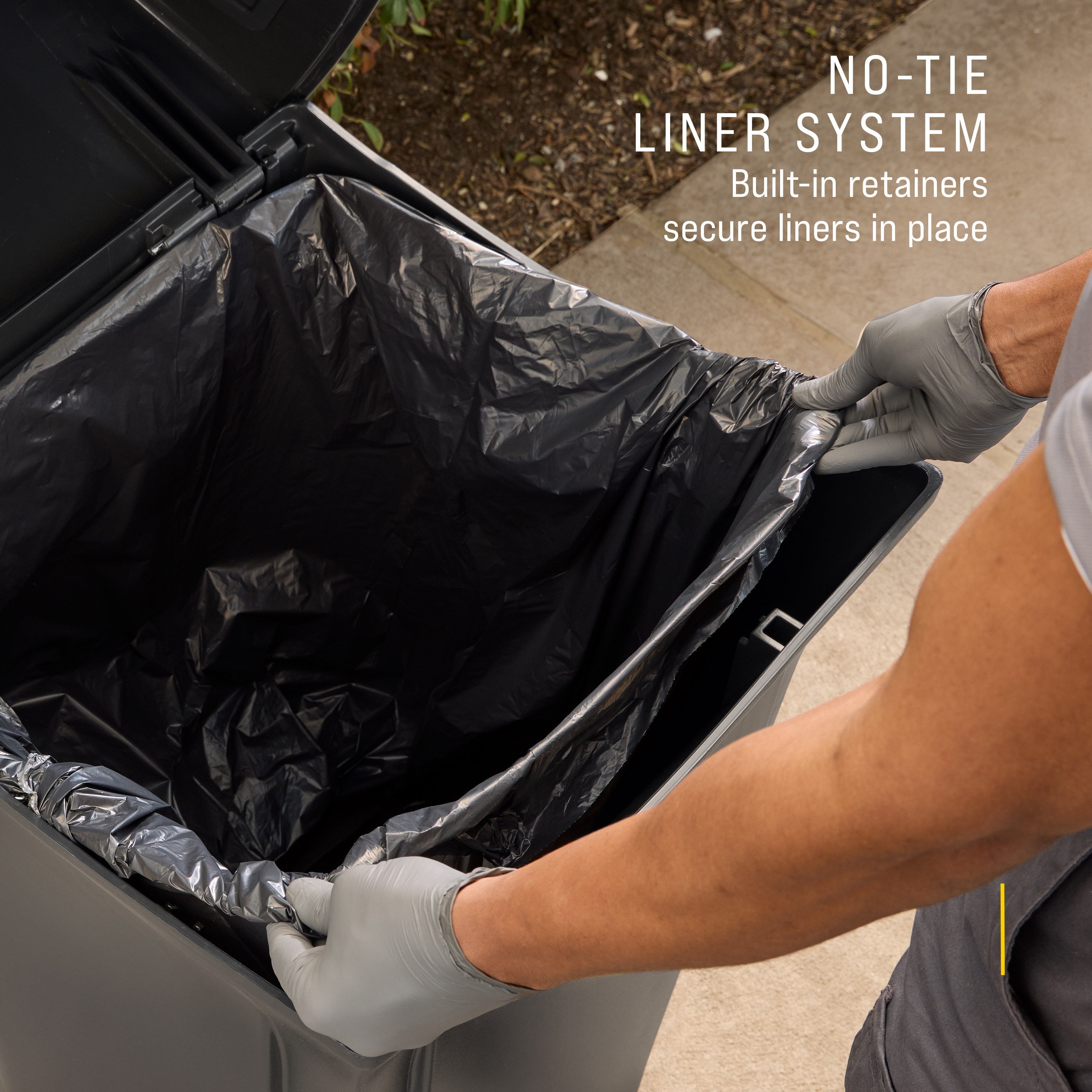 The Rubbermaid Commercial Products® Ranger 35-Gallon Container features two hinged doors that conceal waste and control odor. The updated charcoal color blends seamlessly with a variety of spaces.