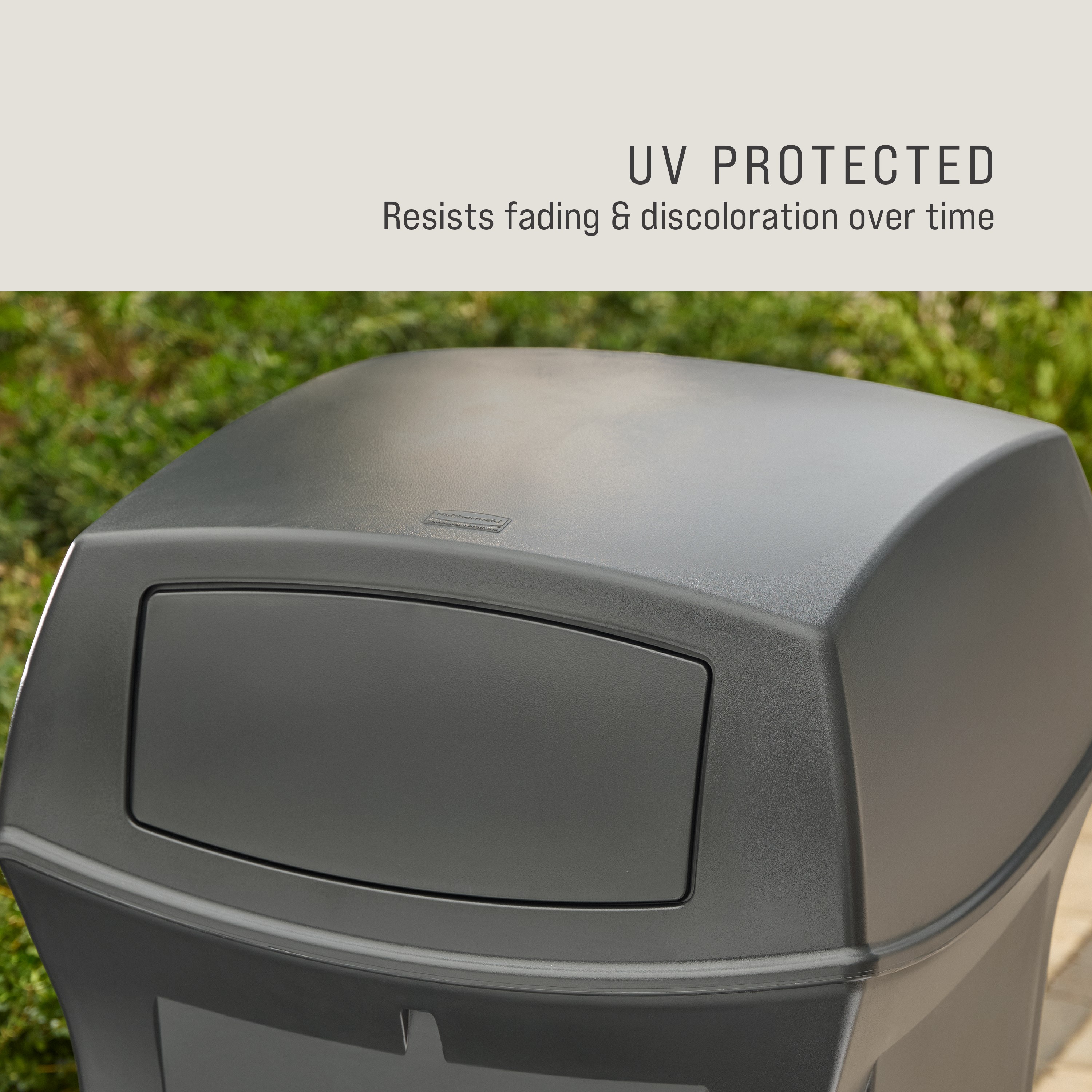 The Rubbermaid Commercial Products® Ranger 35-Gallon Container features two hinged doors that conceal waste and control odor. The updated charcoal color blends seamlessly with a variety of spaces.