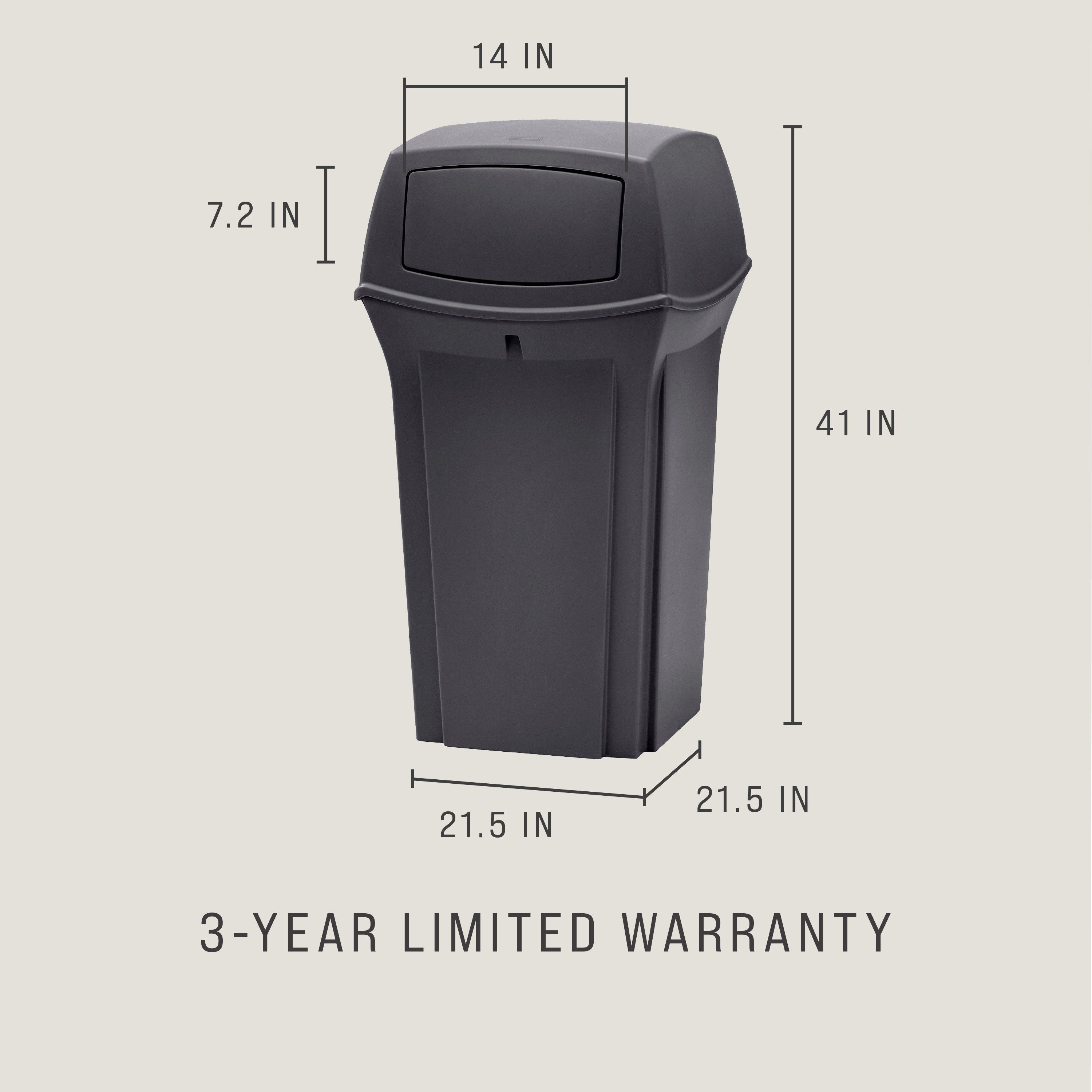 The Rubbermaid Commercial Products® Ranger 35-Gallon Container features two hinged doors that conceal waste and control odor. The updated charcoal color blends seamlessly with a variety of spaces.