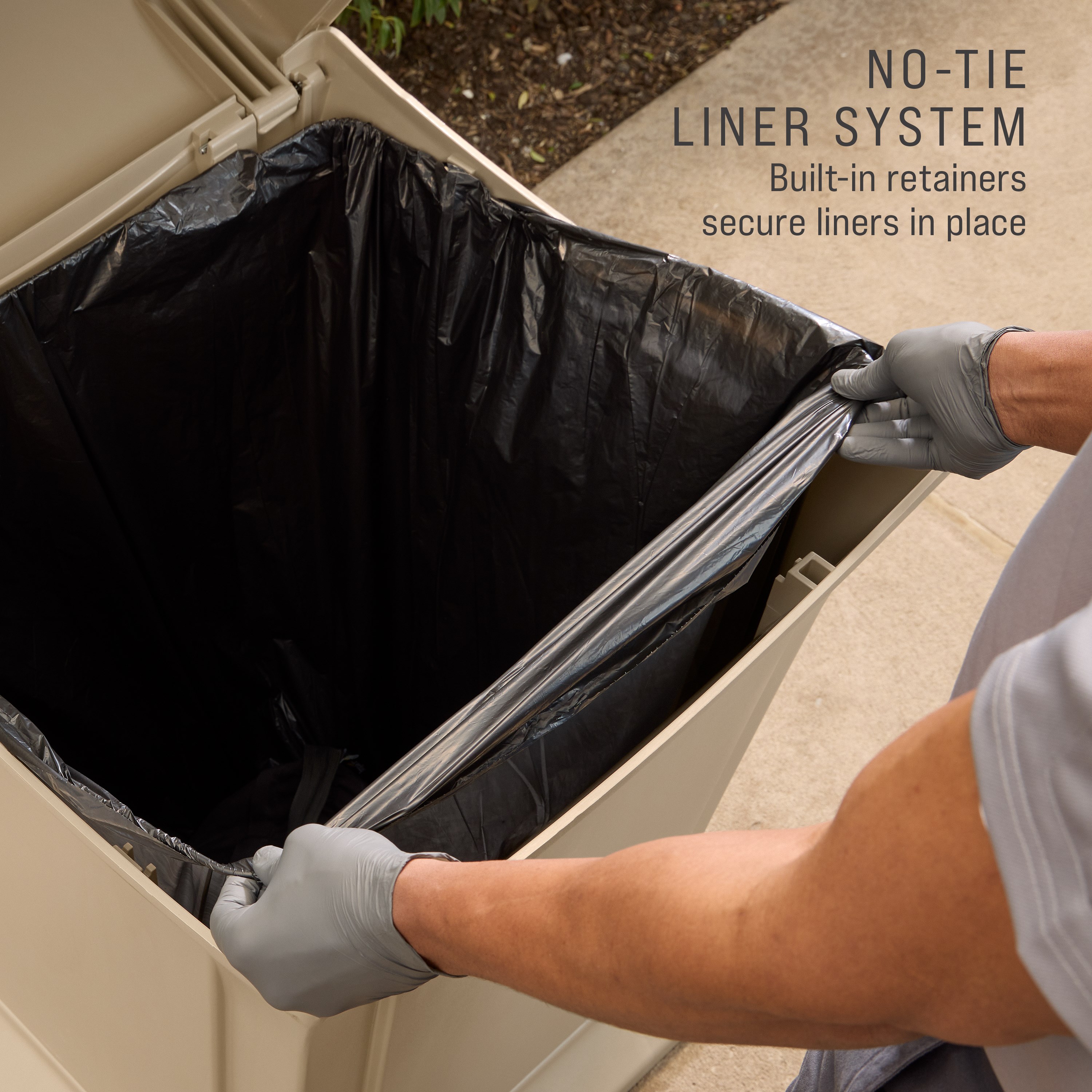 The Rubbermaid Commercial Products® Ranger® 45-Gallon Container features two hinged doors that conceal waste and control odor. The updated wool color blends seamlessly with a variety of spaces.