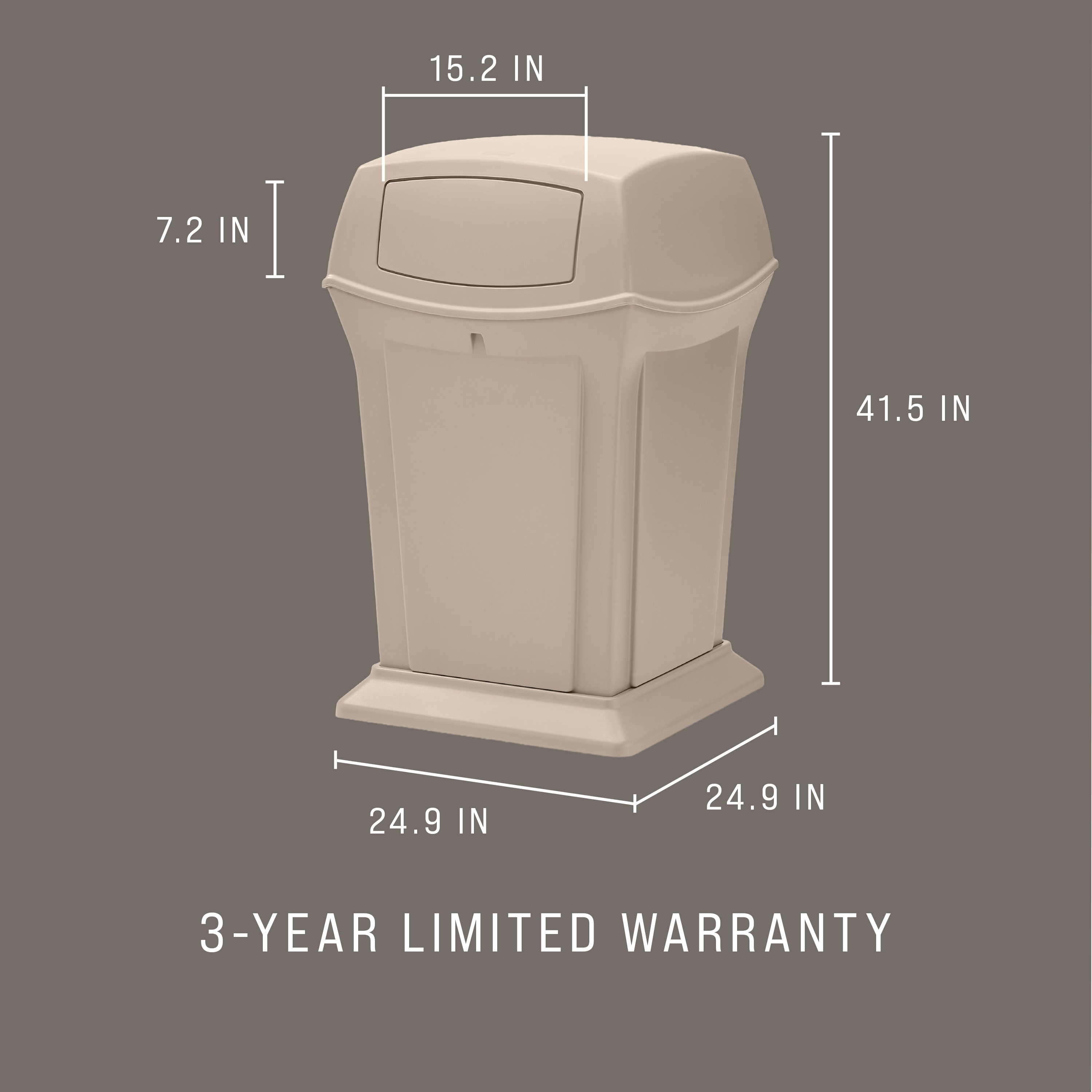 The Rubbermaid Commercial Products® Ranger® 45-Gallon Container features two hinged doors that conceal waste and control odor. The updated wool color blends seamlessly with a variety of spaces.