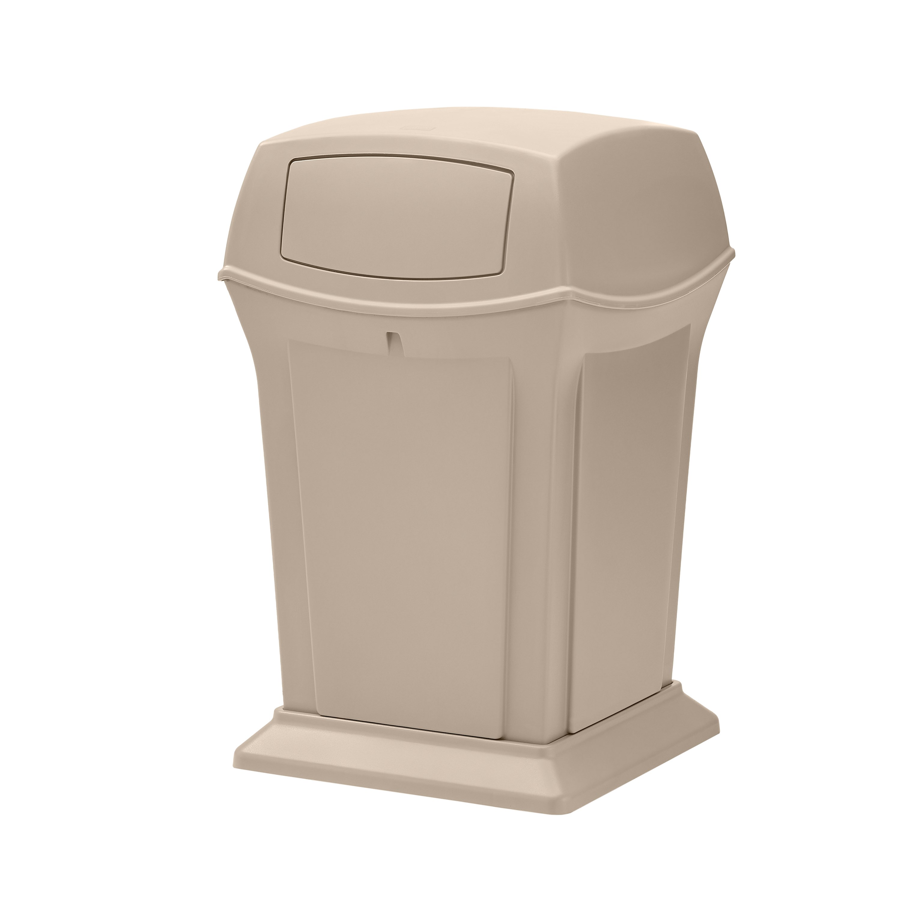 The Rubbermaid Commercial Products® Ranger® 45-Gallon Container features two hinged doors that conceal waste and control odor. The updated wool color blends seamlessly with a variety of spaces.