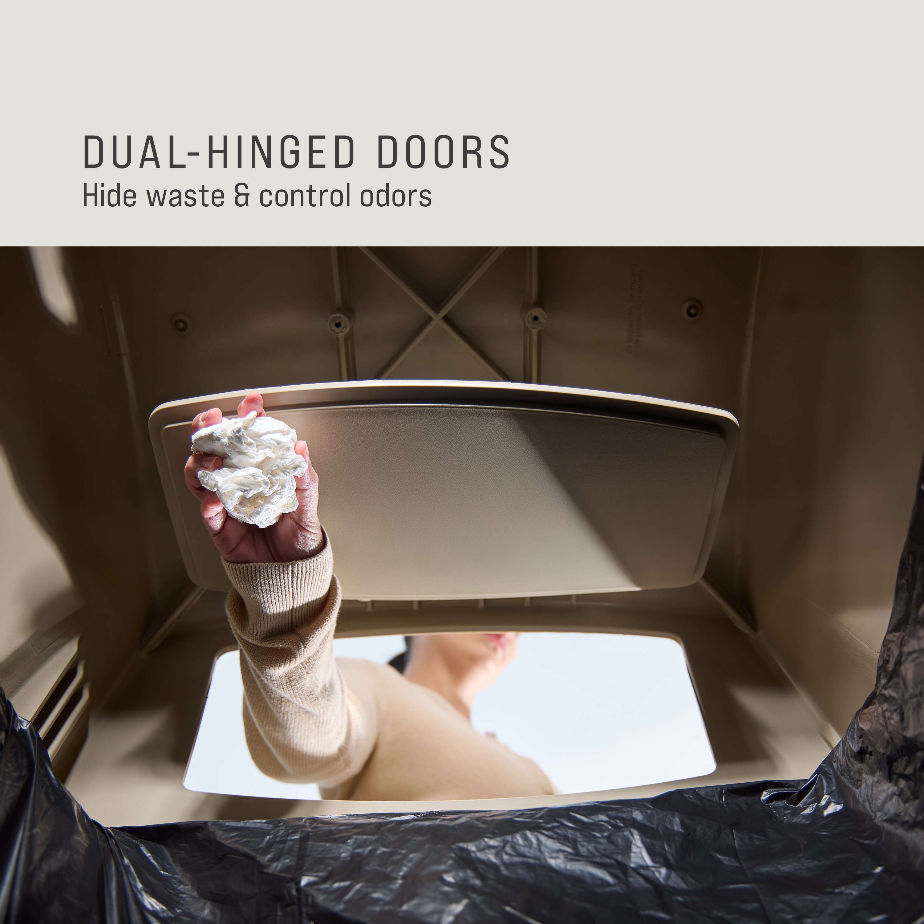 The Rubbermaid Commercial Products® Ranger® 45-Gallon Container features two hinged doors that conceal waste and control odor. The updated wool color blends seamlessly with a variety of spaces.