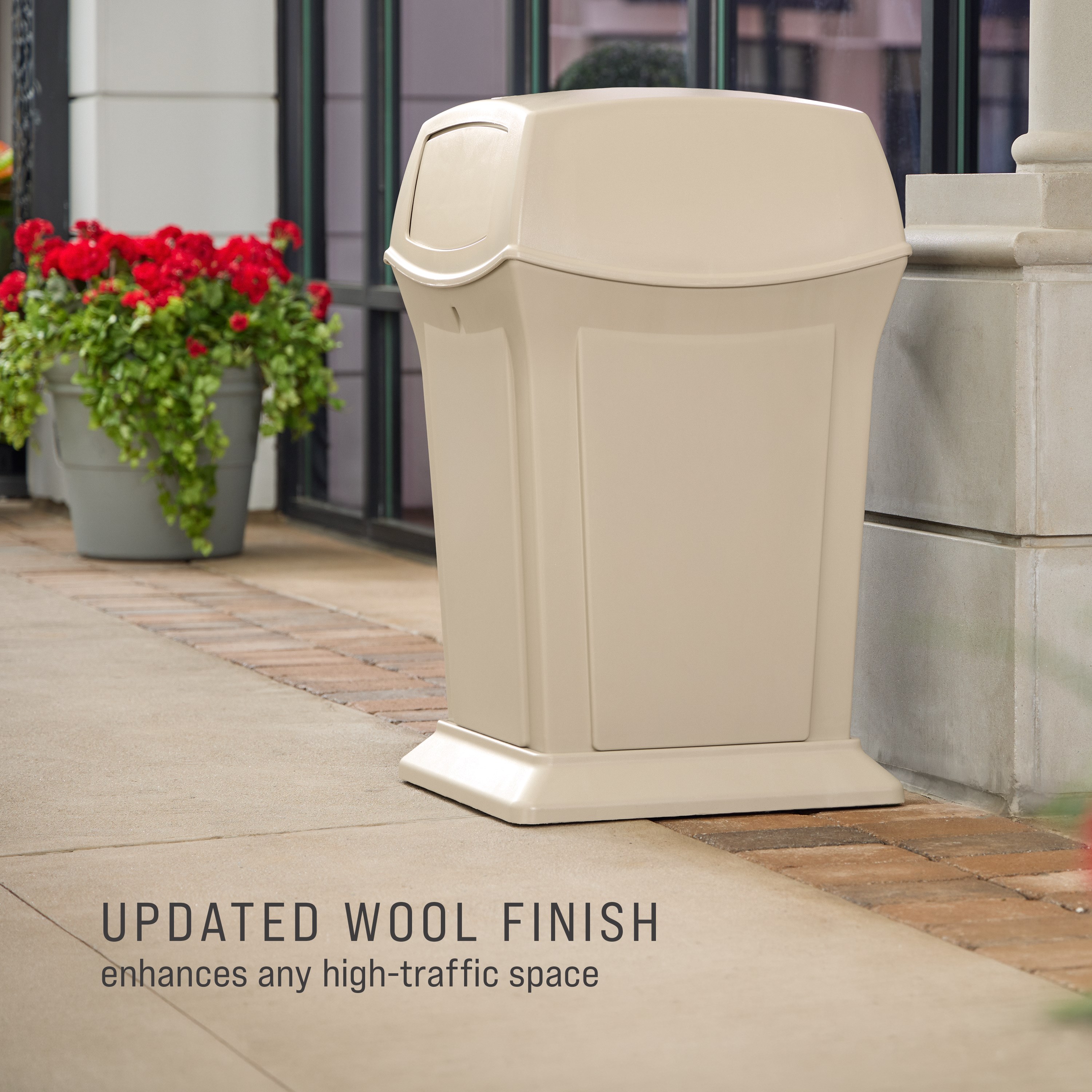 The Rubbermaid Commercial Products® Ranger® 45-Gallon Container features two hinged doors that conceal waste and control odor. The updated wool color blends seamlessly with a variety of spaces.
