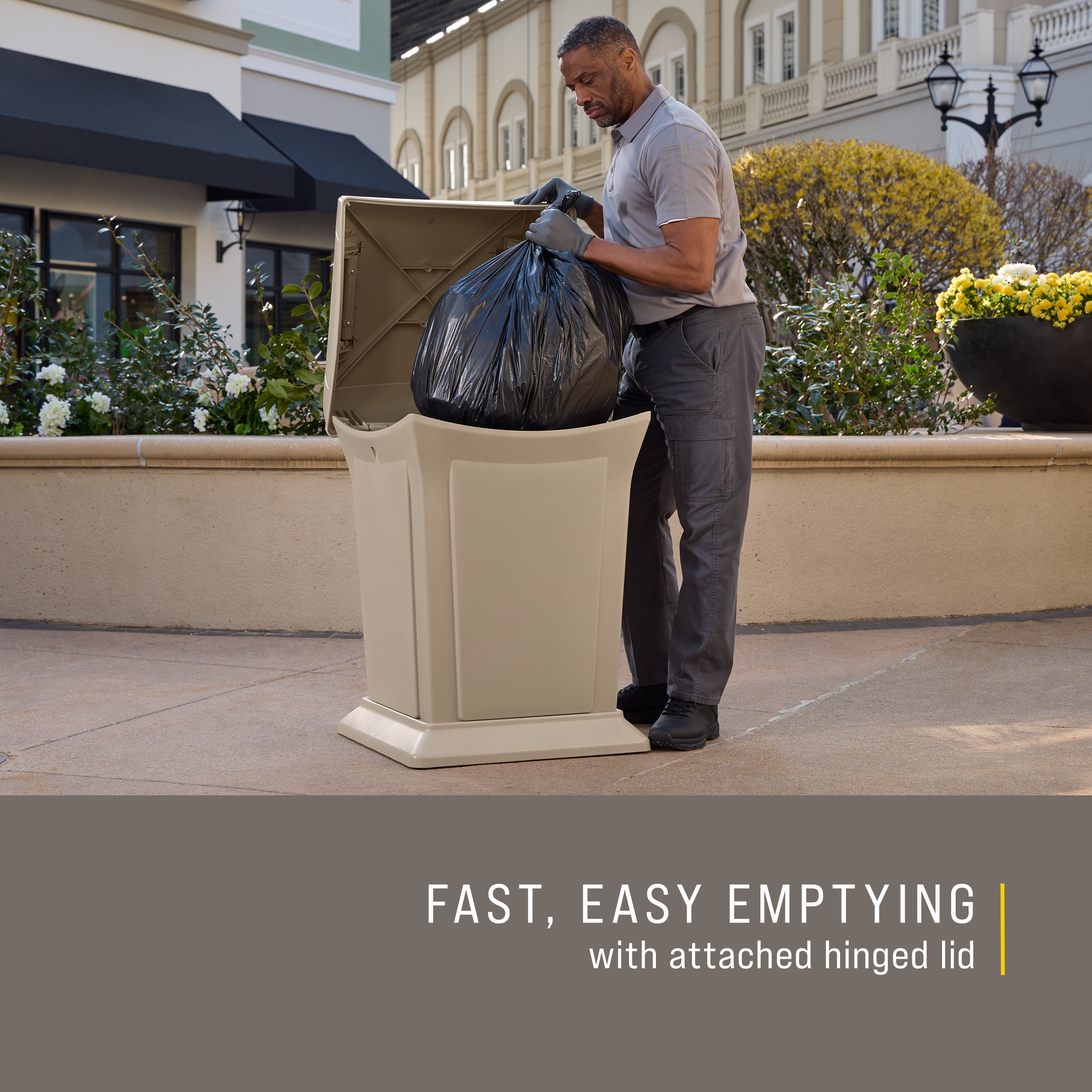 The Rubbermaid Commercial Products® Ranger® 45-Gallon Container features two hinged doors that conceal waste and control odor. The updated wool color blends seamlessly with a variety of spaces.