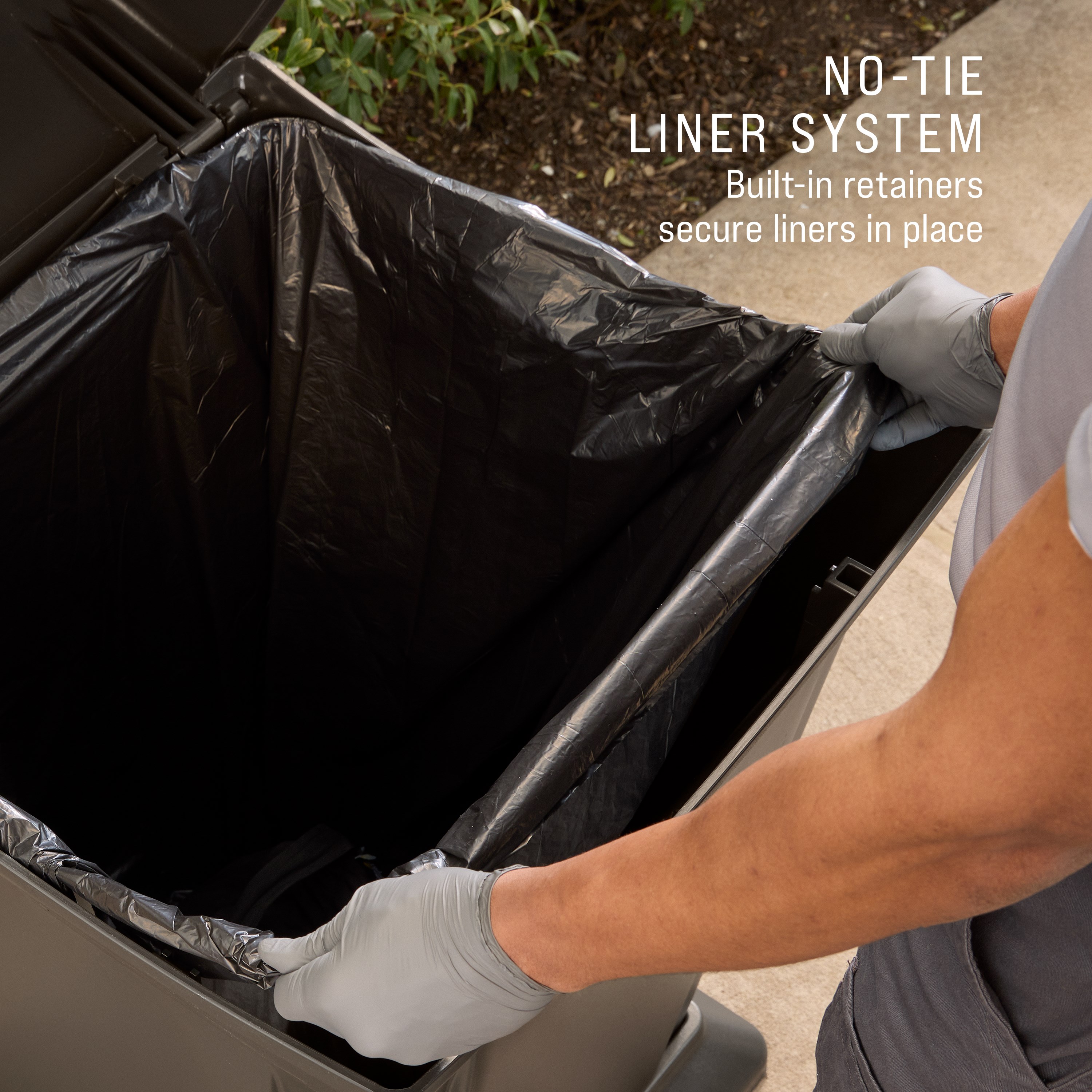 The Rubbermaid Commercial Products® Ranger® 45-Gallon Container features two hinged doors that conceal waste and control odor. The updated charcoal color blends seamlessly with a variety of spaces.
