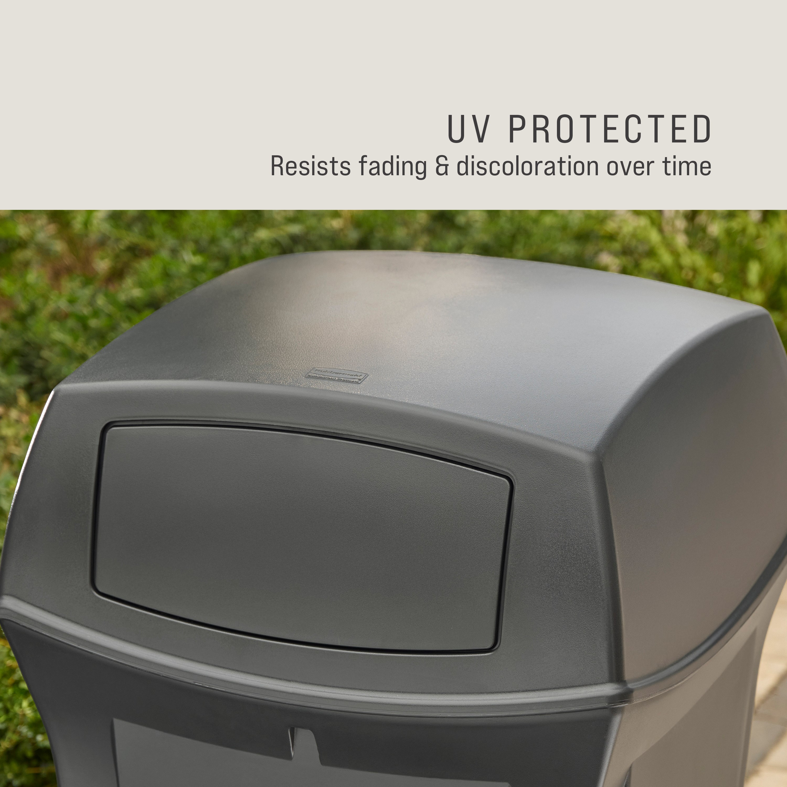 The Rubbermaid Commercial Products® Ranger® 45-Gallon Container features two hinged doors that conceal waste and control odor. The updated charcoal color blends seamlessly with a variety of spaces.