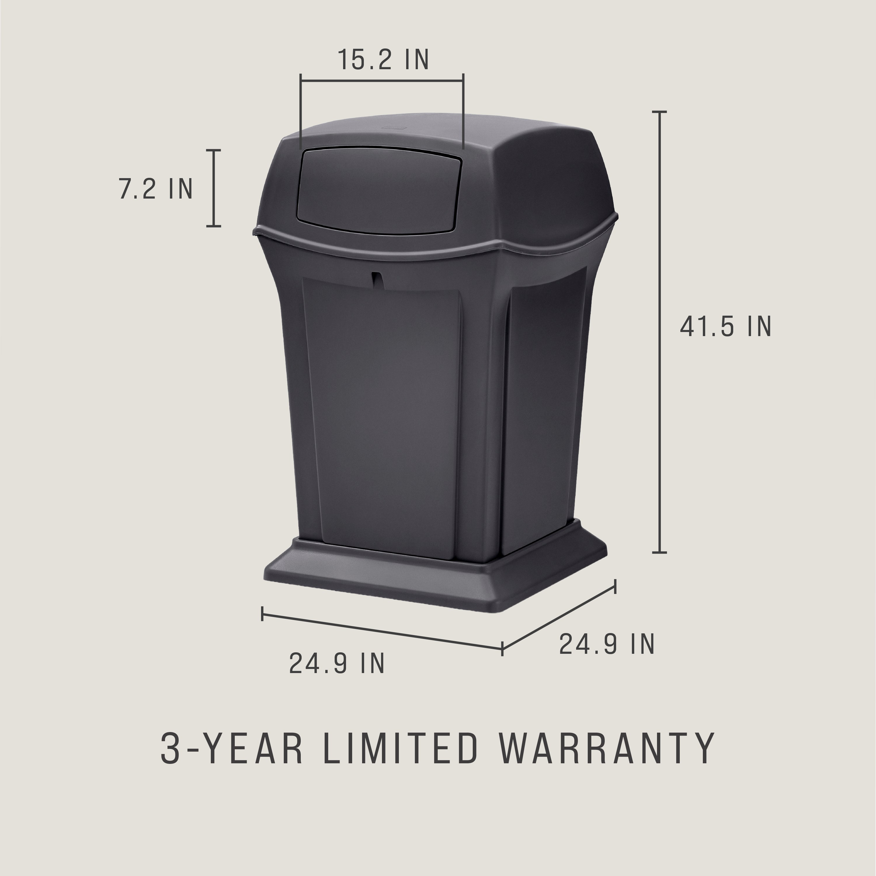 The Rubbermaid Commercial Products® Ranger® 45-Gallon Container features two hinged doors that conceal waste and control odor. The updated charcoal color blends seamlessly with a variety of spaces.