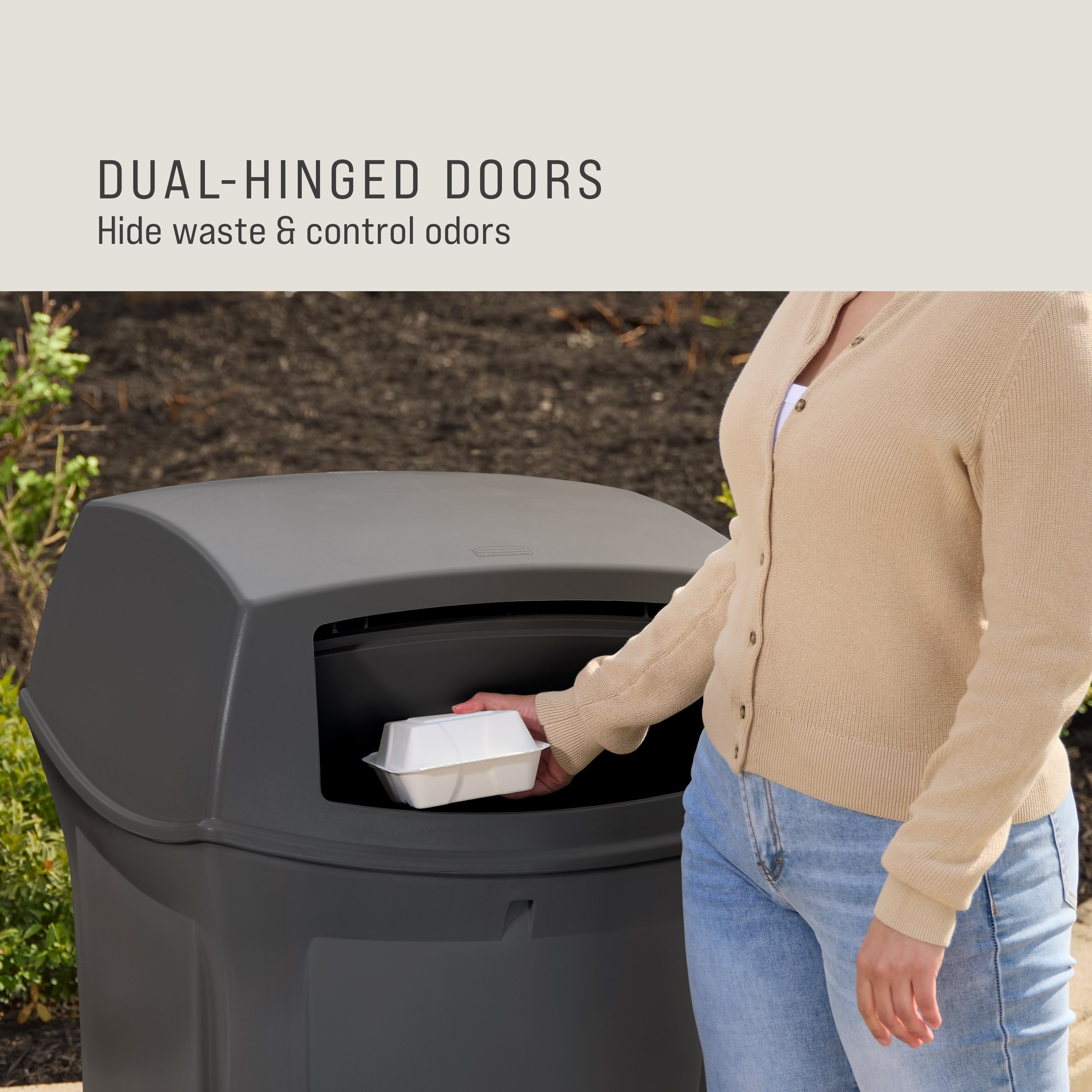 The Rubbermaid Commercial Products® Ranger® 45-Gallon Container features two hinged doors that conceal waste and control odor. The updated charcoal color blends seamlessly with a variety of spaces.