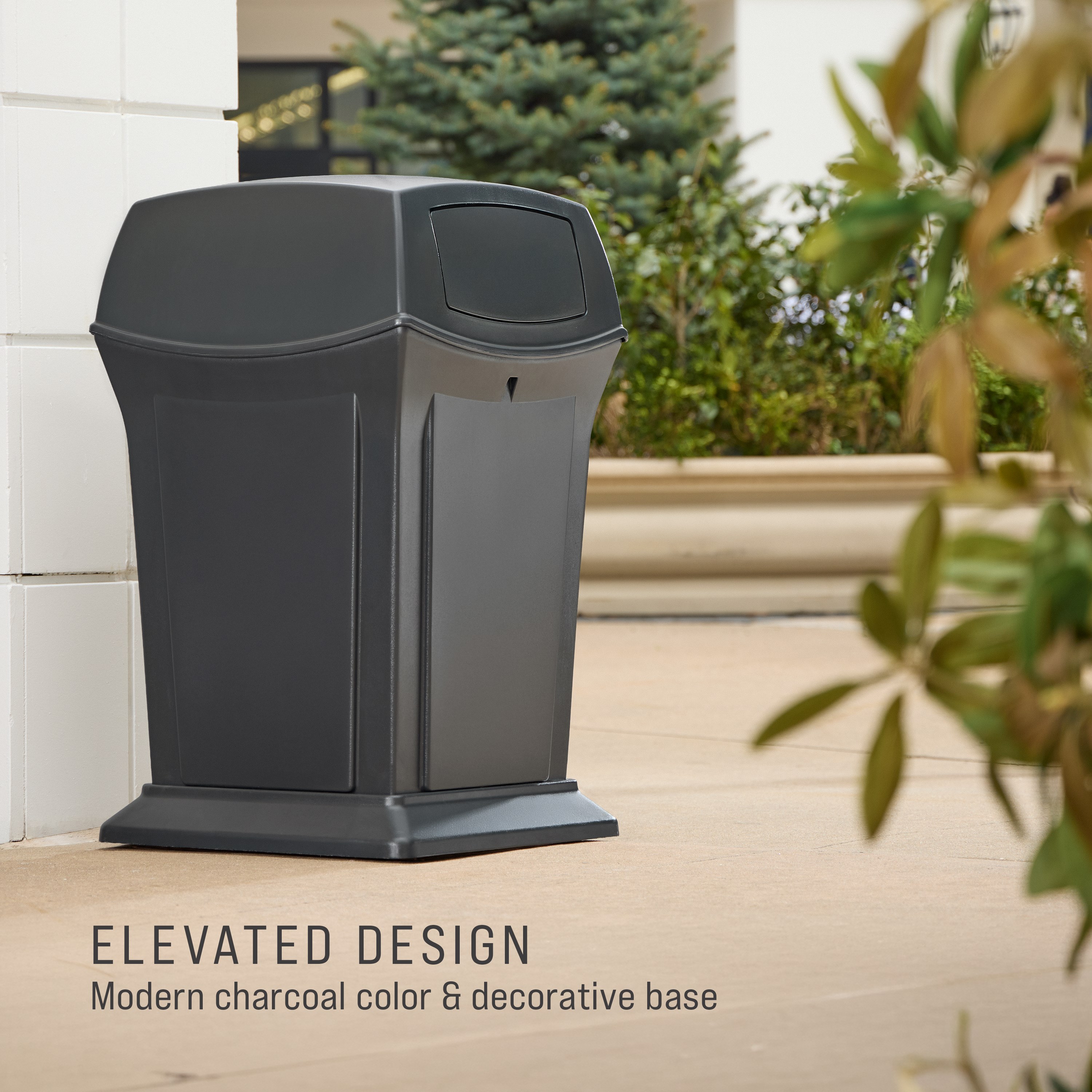 The Rubbermaid Commercial Products® Ranger® 45-Gallon Container features two hinged doors that conceal waste and control odor. The updated charcoal color blends seamlessly with a variety of spaces.