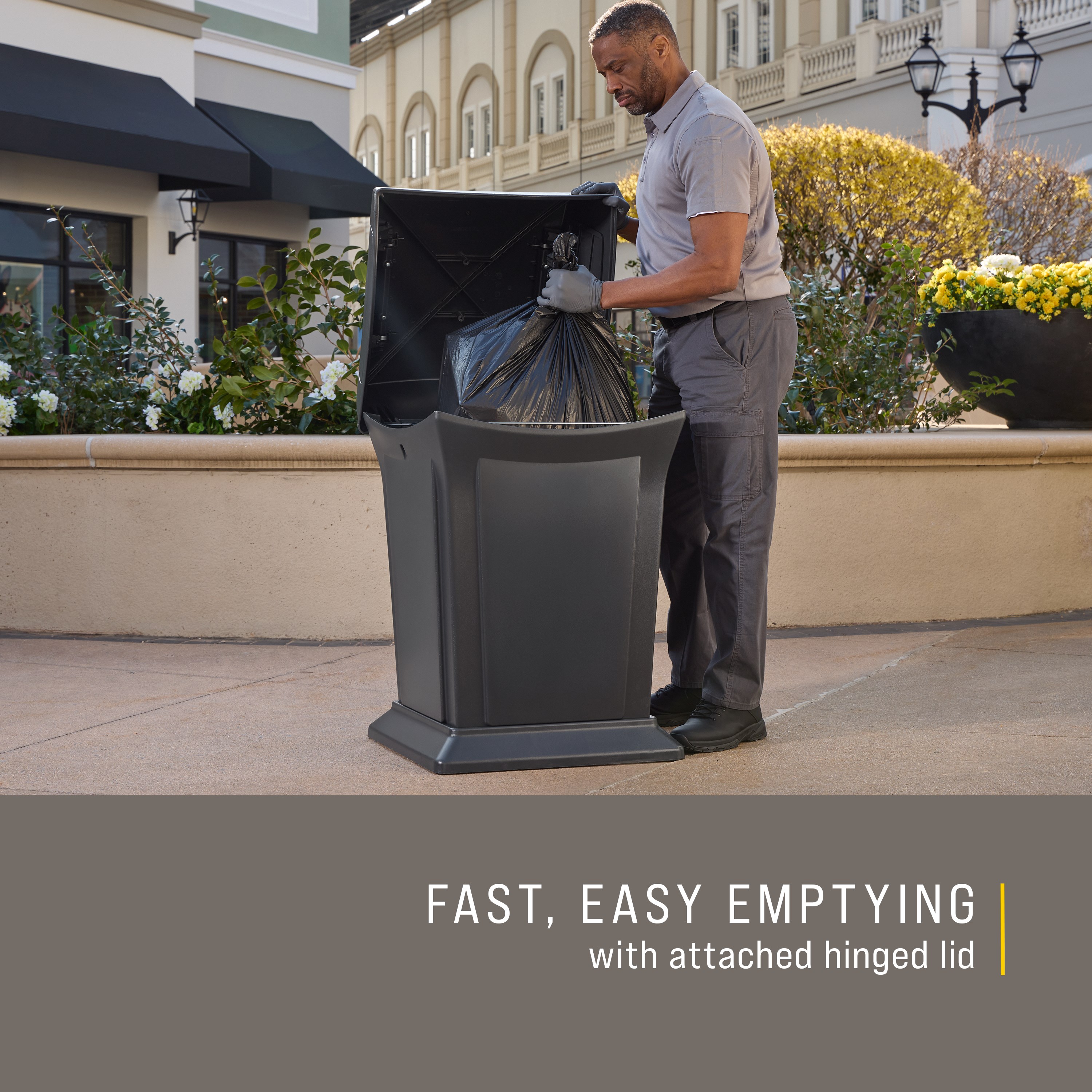 The Rubbermaid Commercial Products® Ranger® 45-Gallon Container features two hinged doors that conceal waste and control odor. The updated charcoal color blends seamlessly with a variety of spaces.