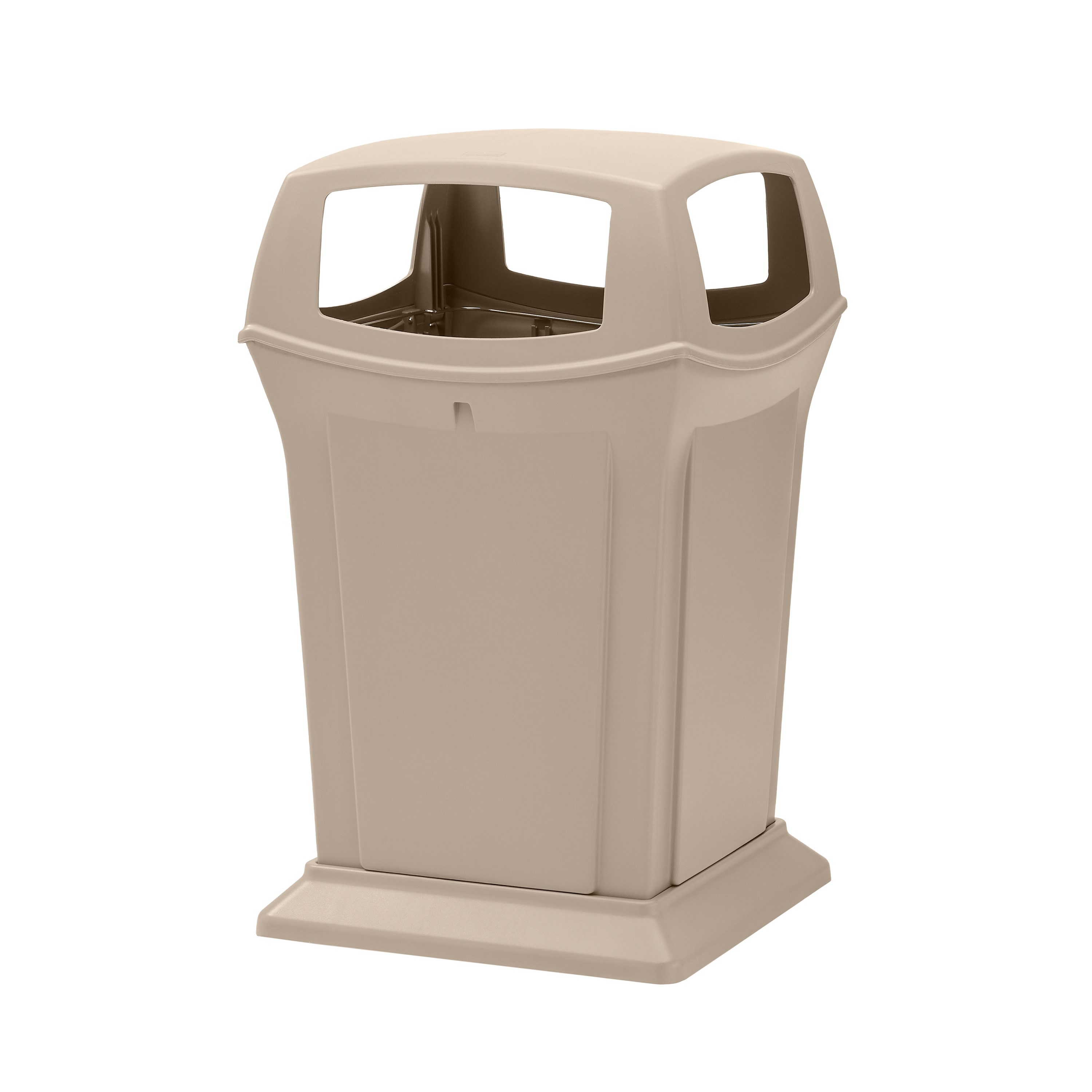 The Rubbermaid Commercial Products® Ranger® 45-Gallon Container features four openings for hands-free disposal. The updated wool color blends seamlessly with a variety of spaces.