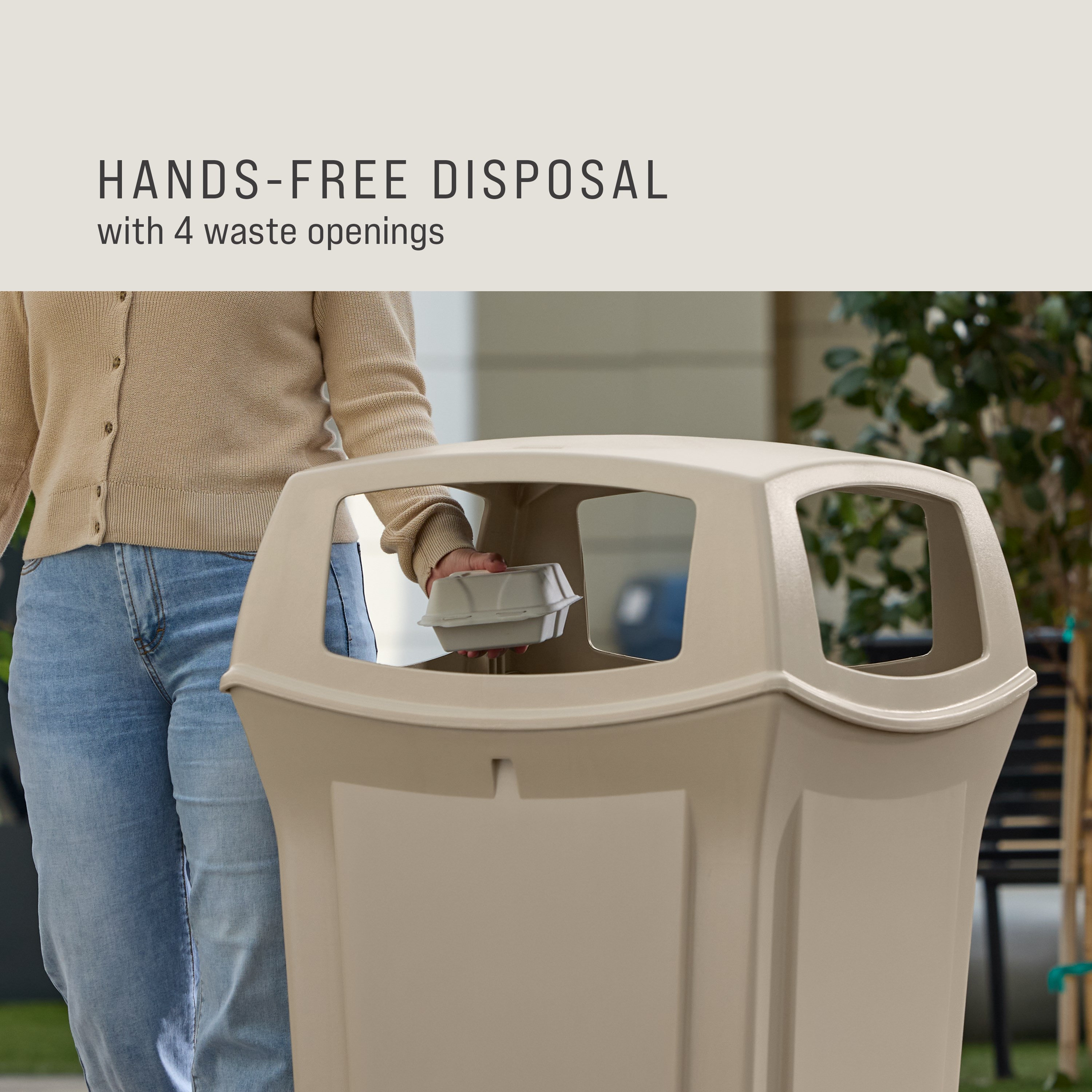 The Rubbermaid Commercial Products® Ranger® 45-Gallon Container features four openings for hands-free disposal. The updated wool color blends seamlessly with a variety of spaces.