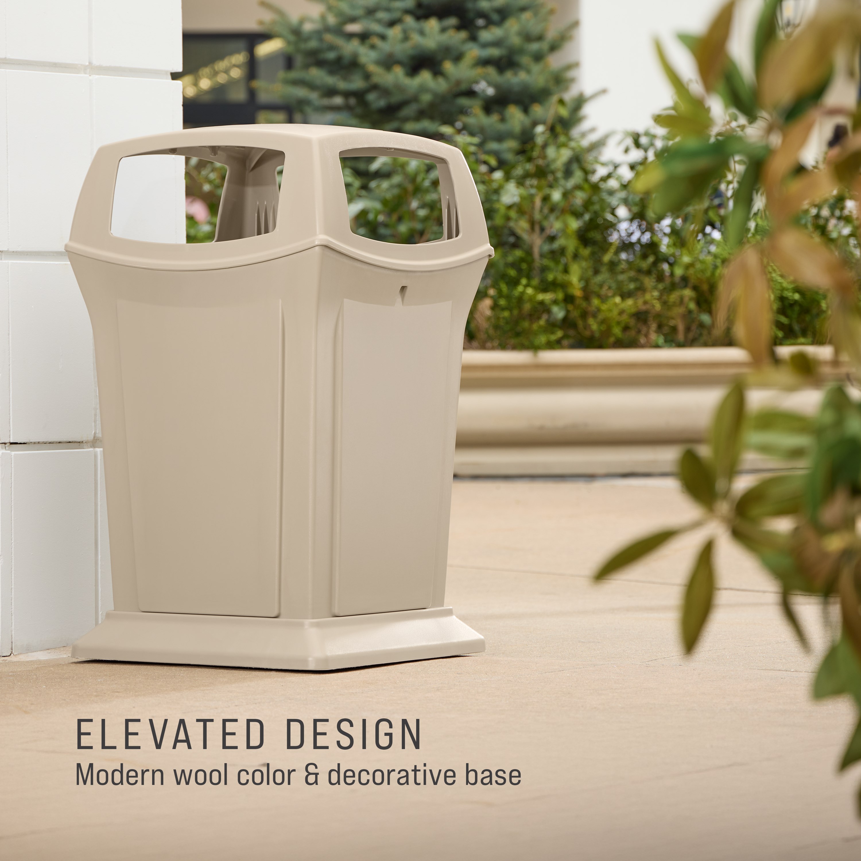 The Rubbermaid Commercial Products® Ranger® 45-Gallon Container features four openings for hands-free disposal. The updated wool color blends seamlessly with a variety of spaces.