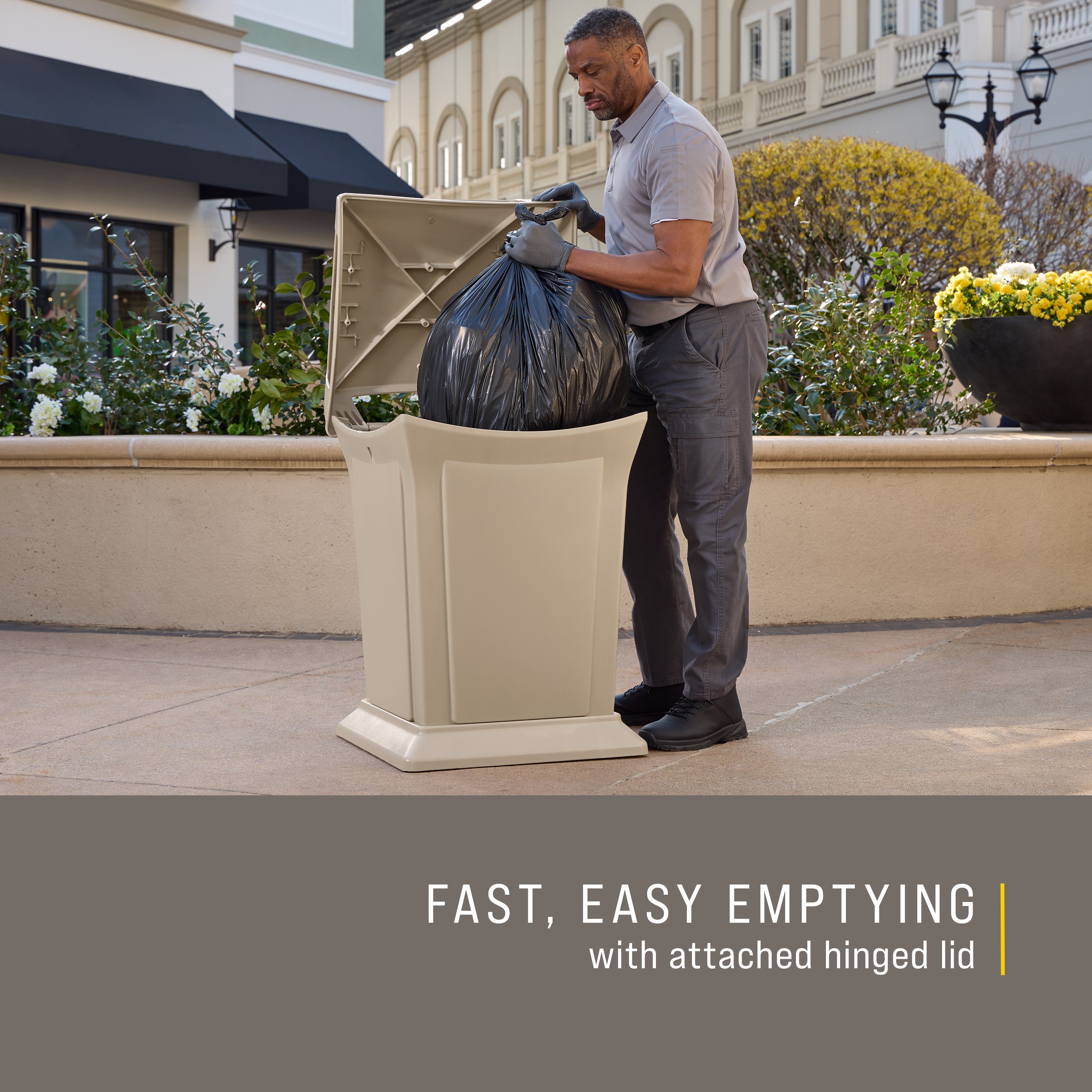 The Rubbermaid Commercial Products® Ranger® 45-Gallon Container features four openings for hands-free disposal. The updated wool color blends seamlessly with a variety of spaces.