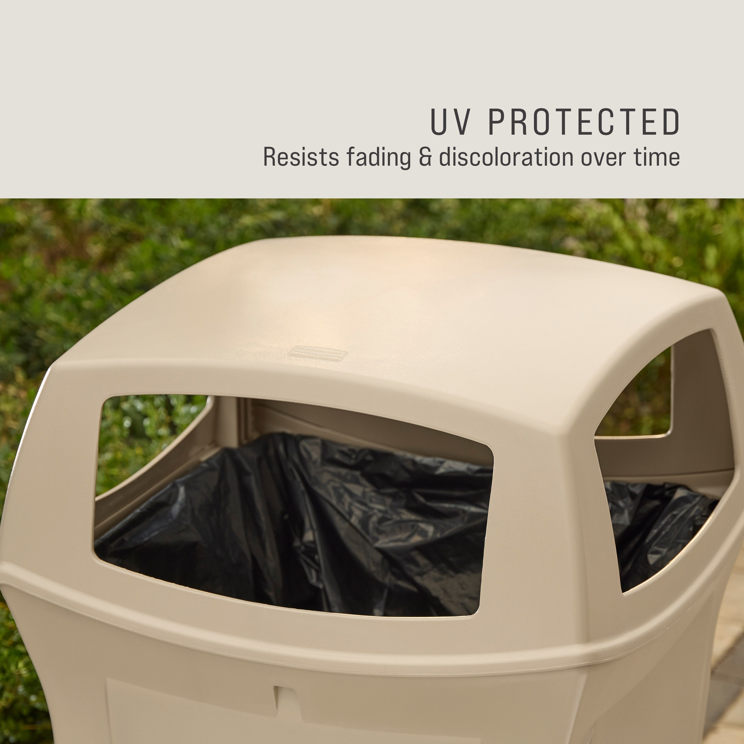The Rubbermaid Commercial Products® Ranger® 45-Gallon Container features four openings for hands-free disposal. The updated wool color blends seamlessly with a variety of spaces.