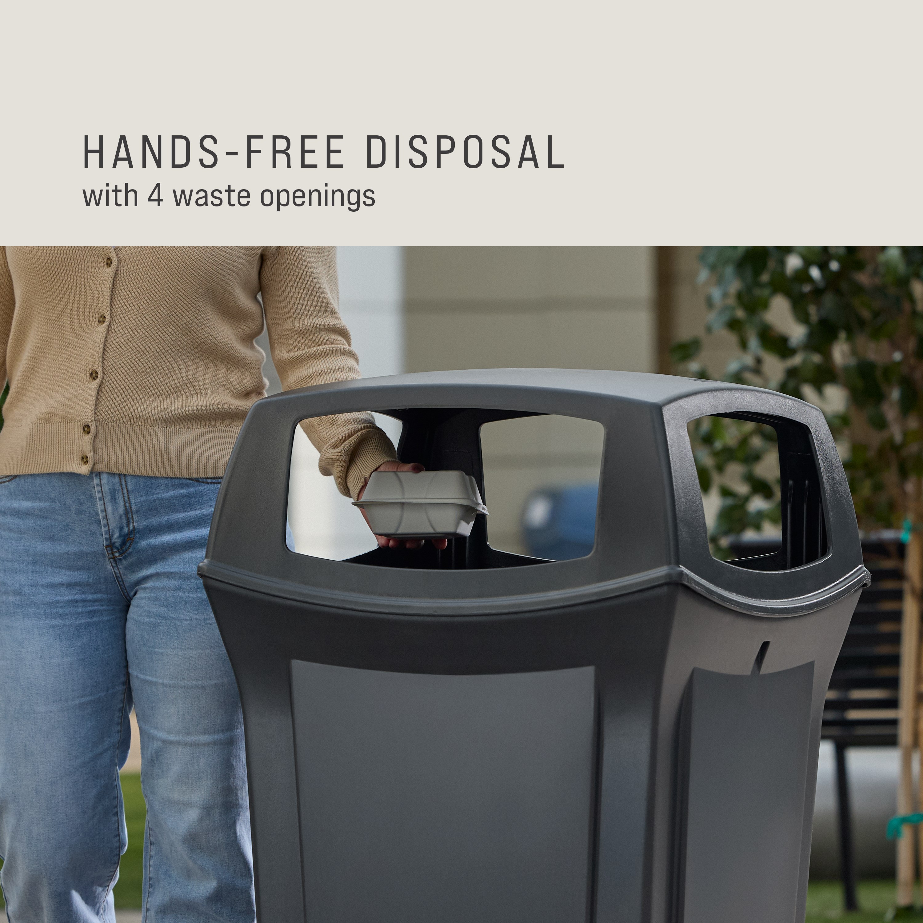The Rubbermaid Commercial Products® Ranger® 45-Gallon Container features four openings for hands-free disposal. The sophisticated charcoal color blends seamlessly with a variety of spaces.
