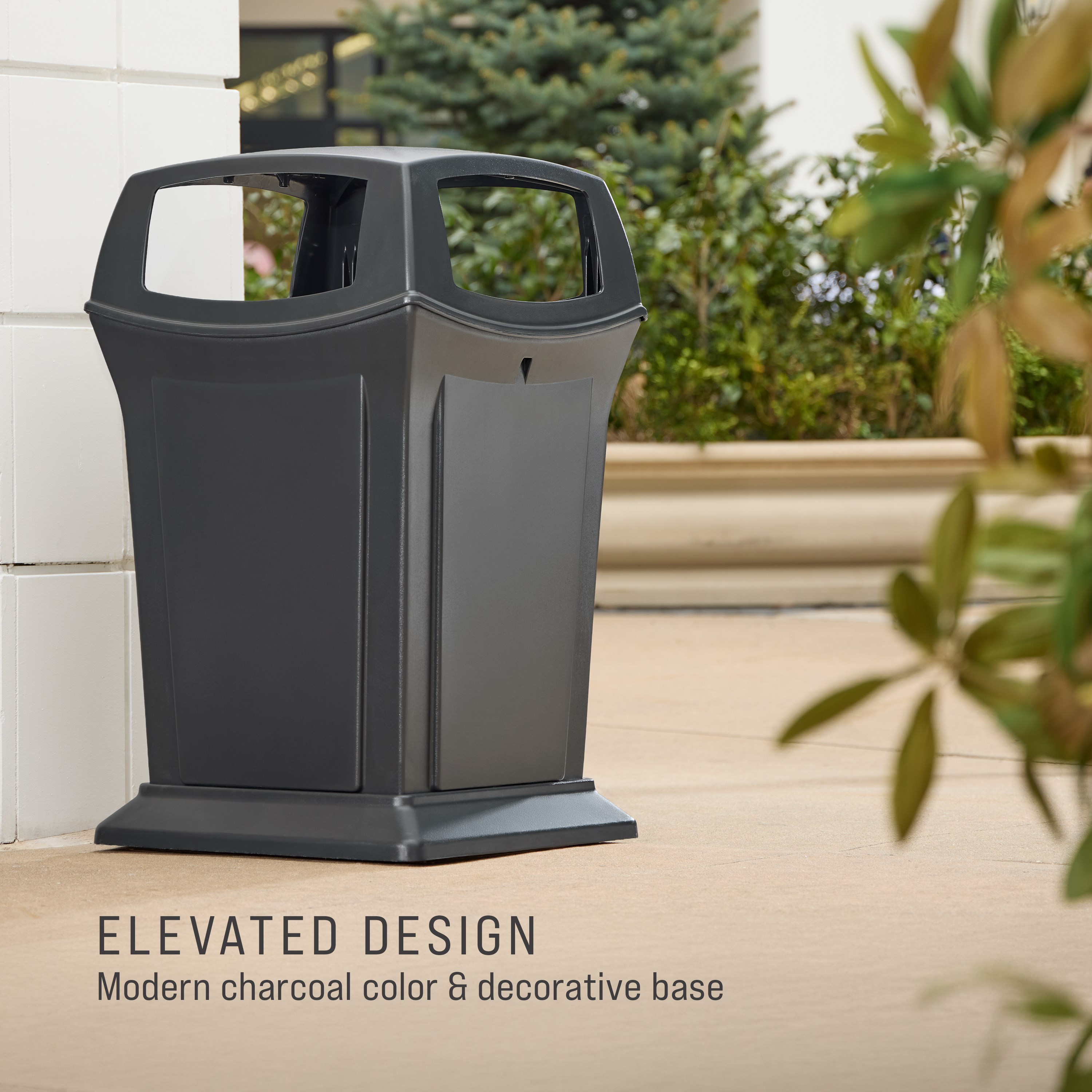 The Rubbermaid Commercial Products® Ranger® 45-Gallon Container features four openings for hands-free disposal. The sophisticated charcoal color blends seamlessly with a variety of spaces.