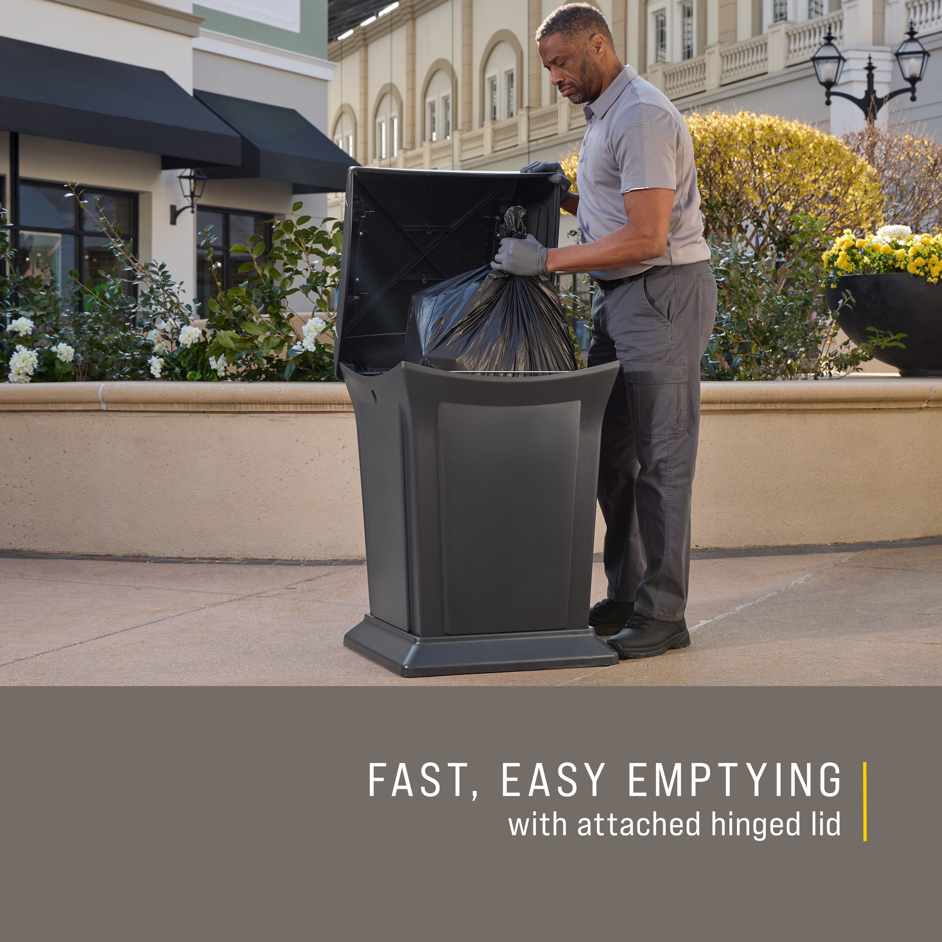 The Rubbermaid Commercial Products® Ranger® 45-Gallon Container features four openings for hands-free disposal. The sophisticated charcoal color blends seamlessly with a variety of spaces.