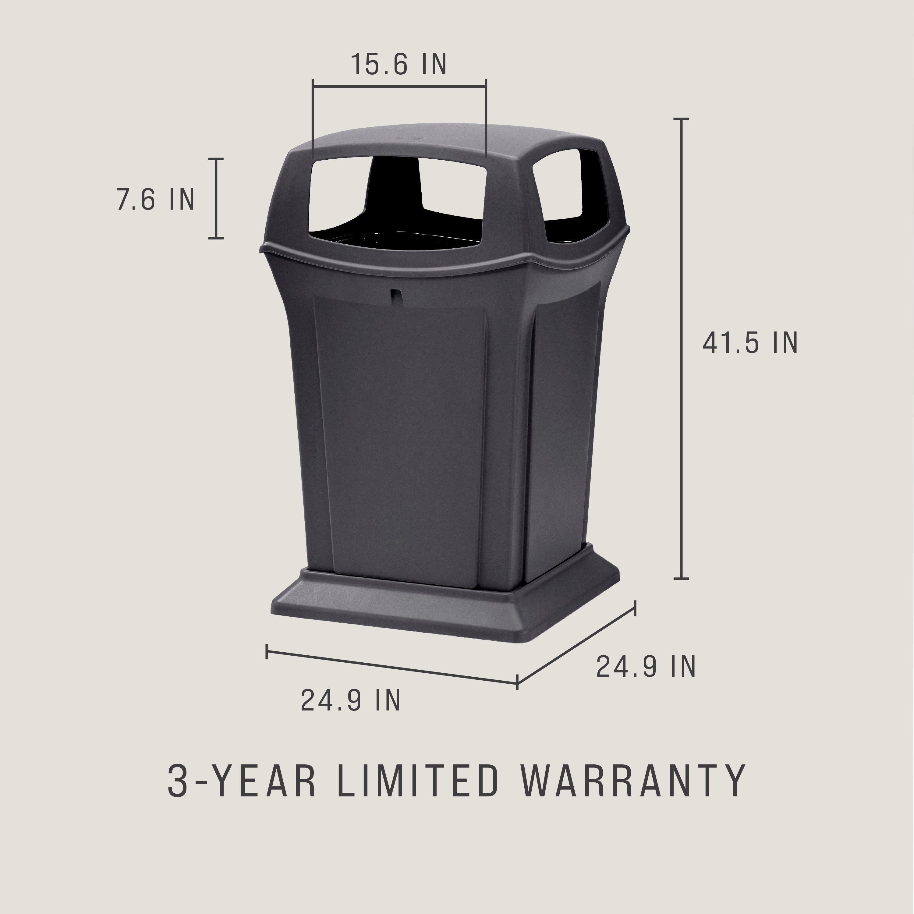 The Rubbermaid Commercial Products® Ranger® 45-Gallon Container features four openings for hands-free disposal. The sophisticated charcoal color blends seamlessly with a variety of spaces.
