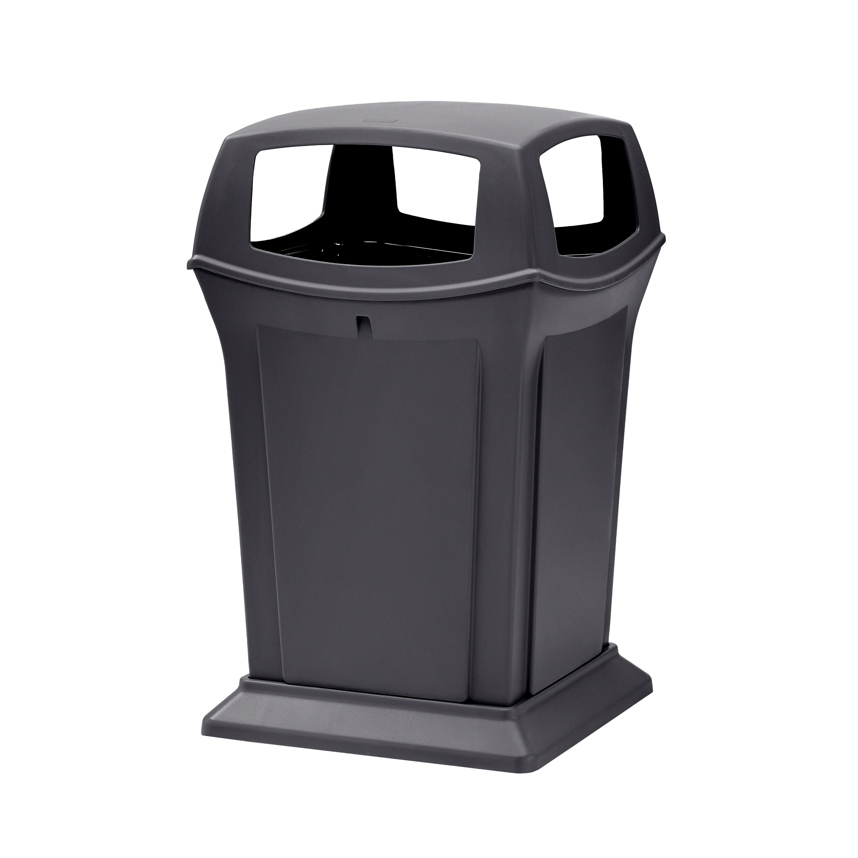 The Rubbermaid Commercial Products® Ranger® 45-Gallon Container features four openings for hands-free disposal. The sophisticated charcoal color blends seamlessly with a variety of spaces.