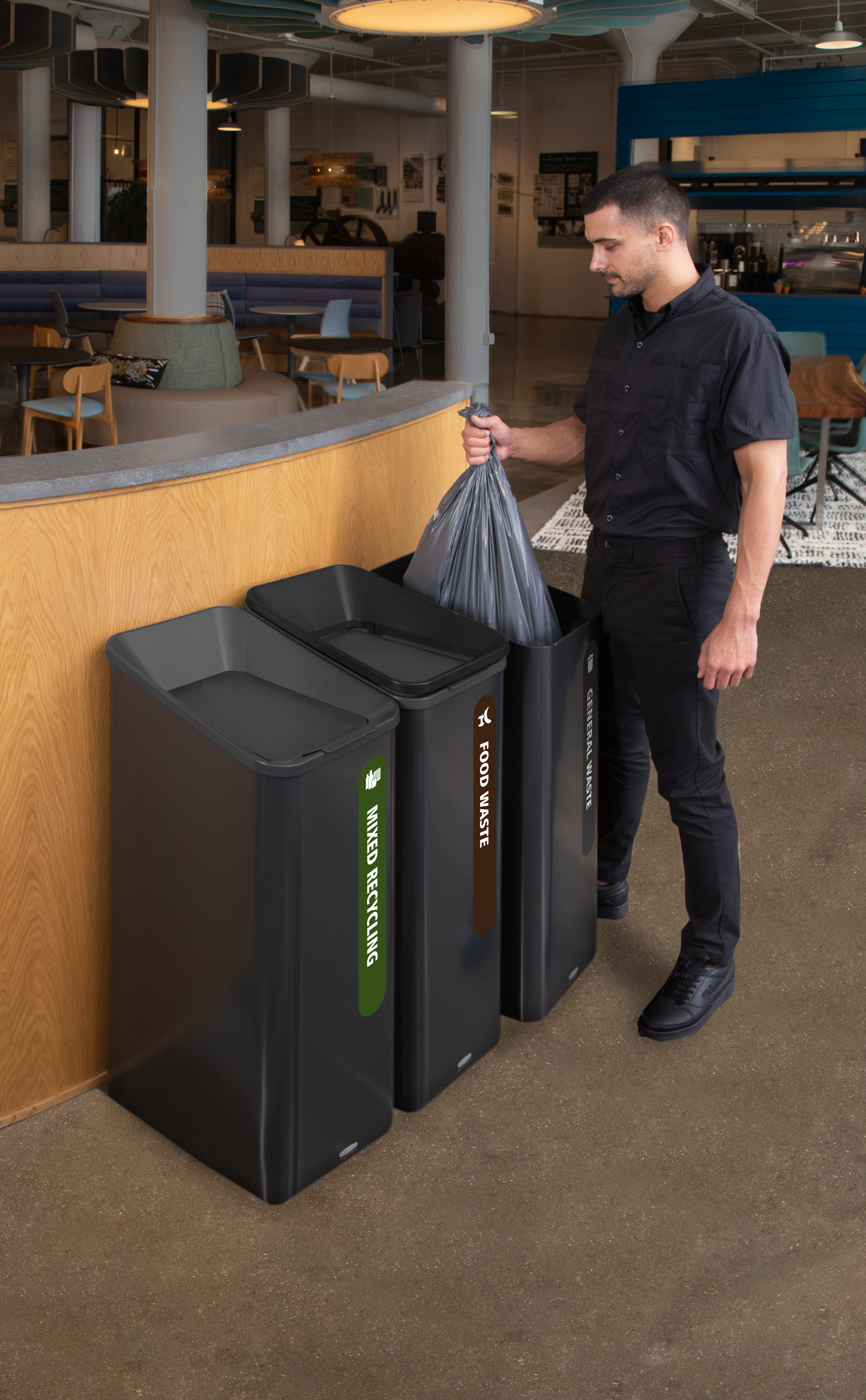 Sustain Containers are premium recycling stations designed to streamline waste separation, support sustainability goals, and complement modern commercial interiors.