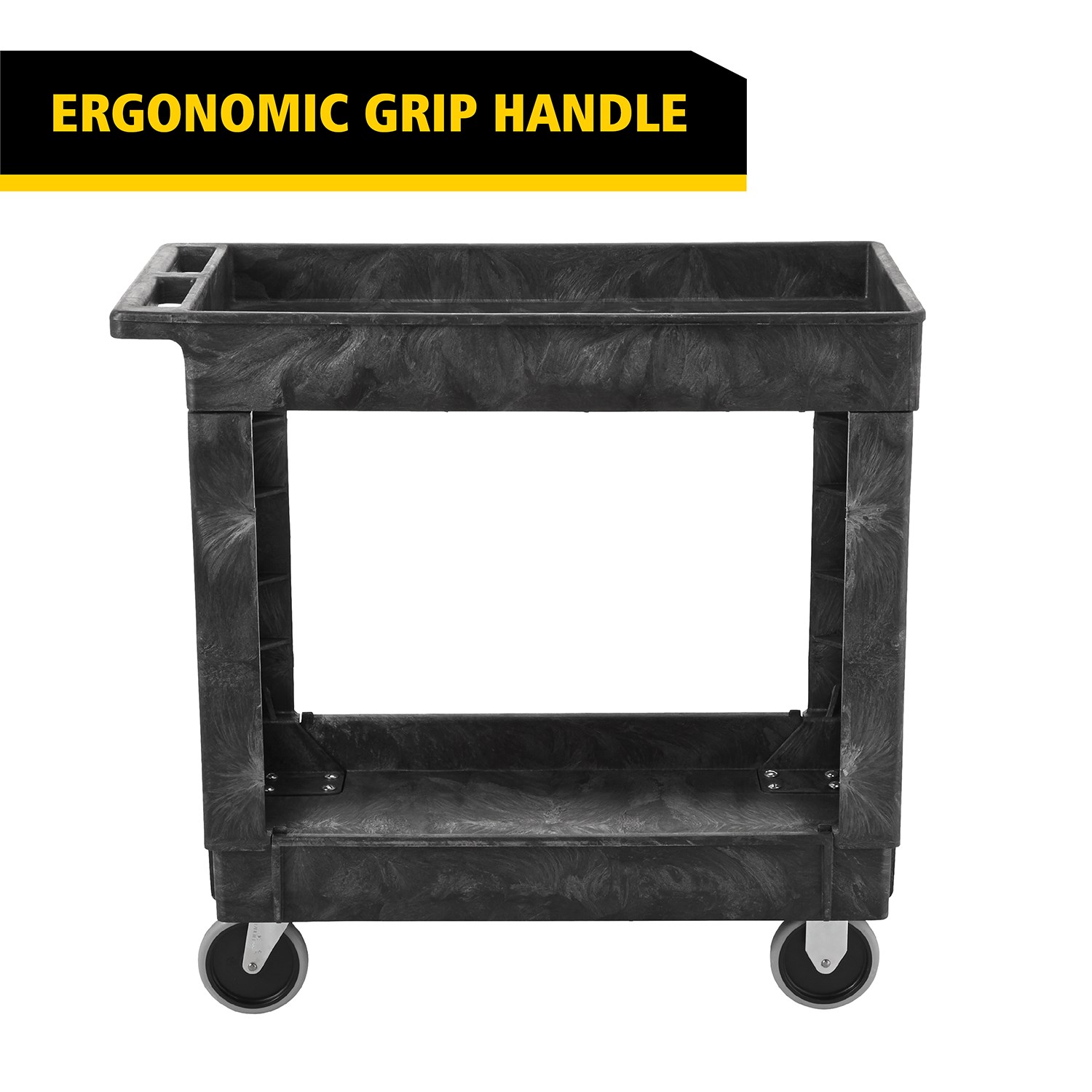 Heavy-Duty Small Utility Cart with Lipped Shelf transports materials, supplies, and heavy loads securely with up to 226Kg load capacity. The lipped shelves prevents items from falling off the cart.