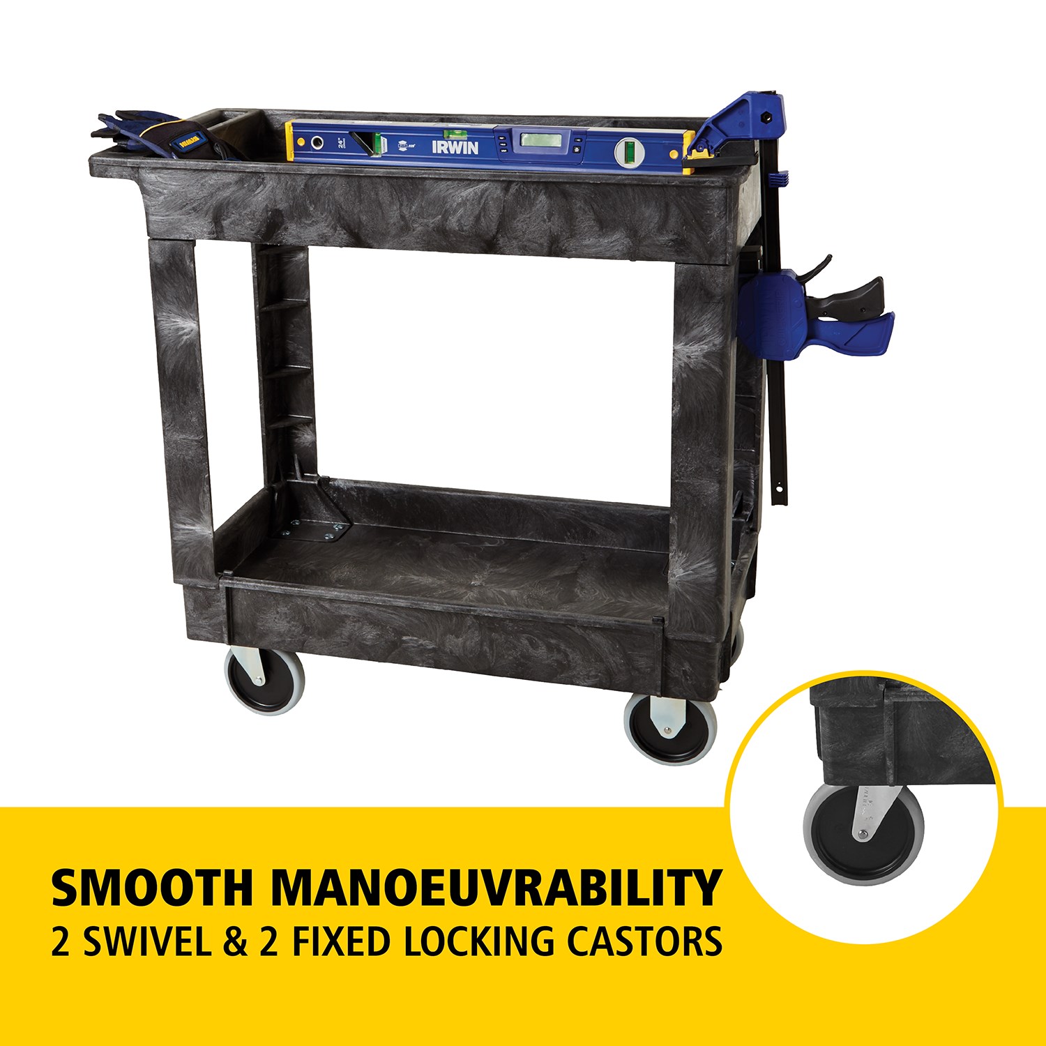 Heavy-Duty Small Utility Cart with Lipped Shelf transports materials, supplies, and heavy loads securely with up to 226Kg load capacity. The lipped shelves prevents items from falling off the cart.