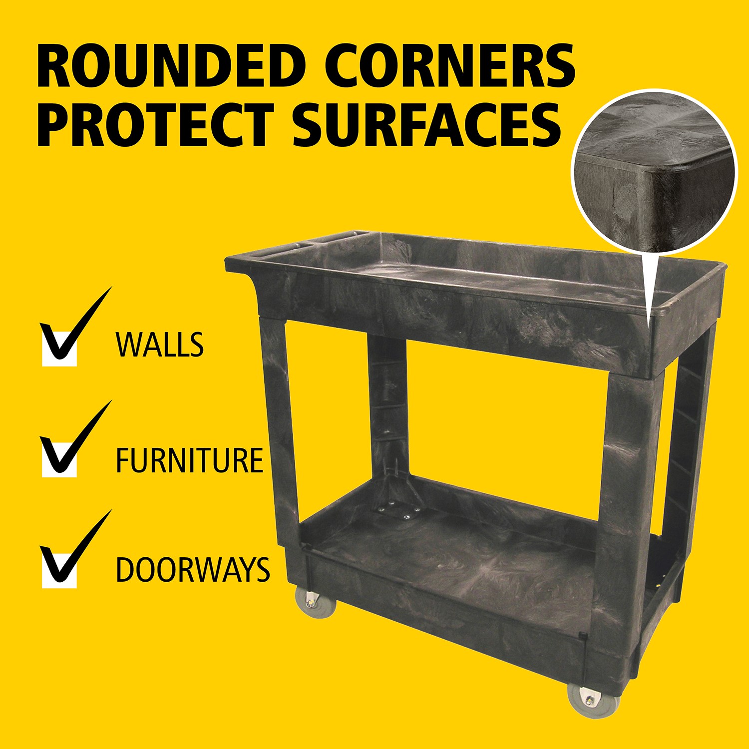 Heavy-Duty Small Utility Cart with Lipped Shelf transports materials, supplies, and heavy loads securely with up to 226Kg load capacity. The lipped shelves prevents items from falling off the cart.