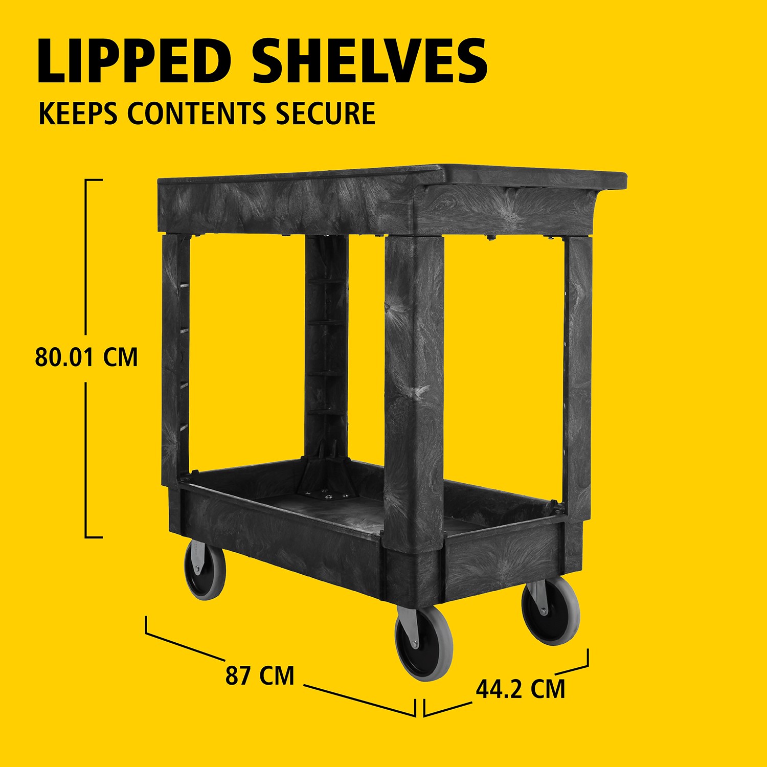Heavy-Duty Small Utility Cart with Lipped Shelf transports materials, supplies, and heavy loads securely with up to 226Kg load capacity. The lipped shelves prevents items from falling off the cart.