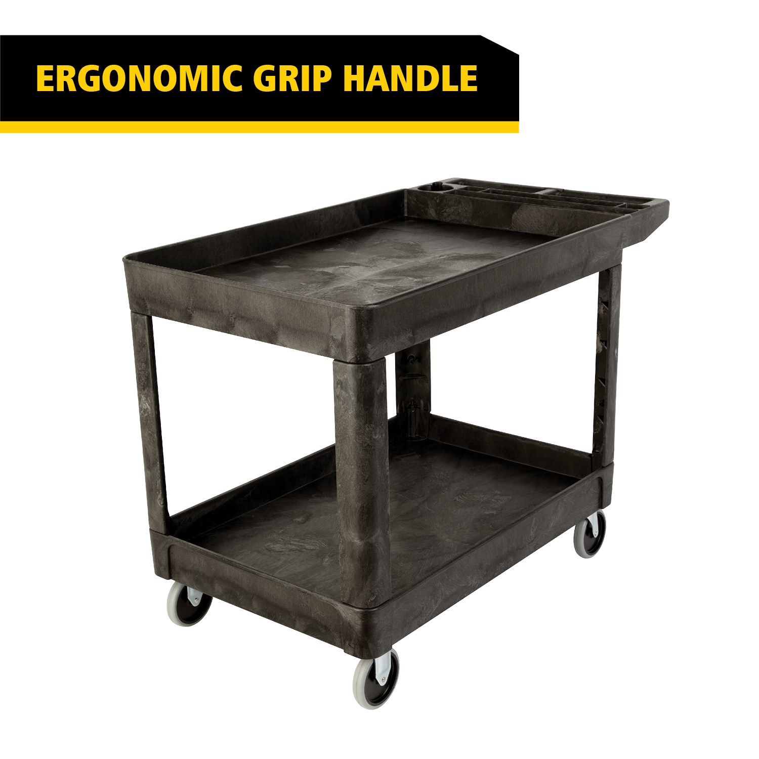 Heavy-Duty Utility Cart with Lipped Shelf transports materials, supplies, and heavy loads securely with up to 226Kg load capacity. The lipped shelves prevents items from falling off the cart.