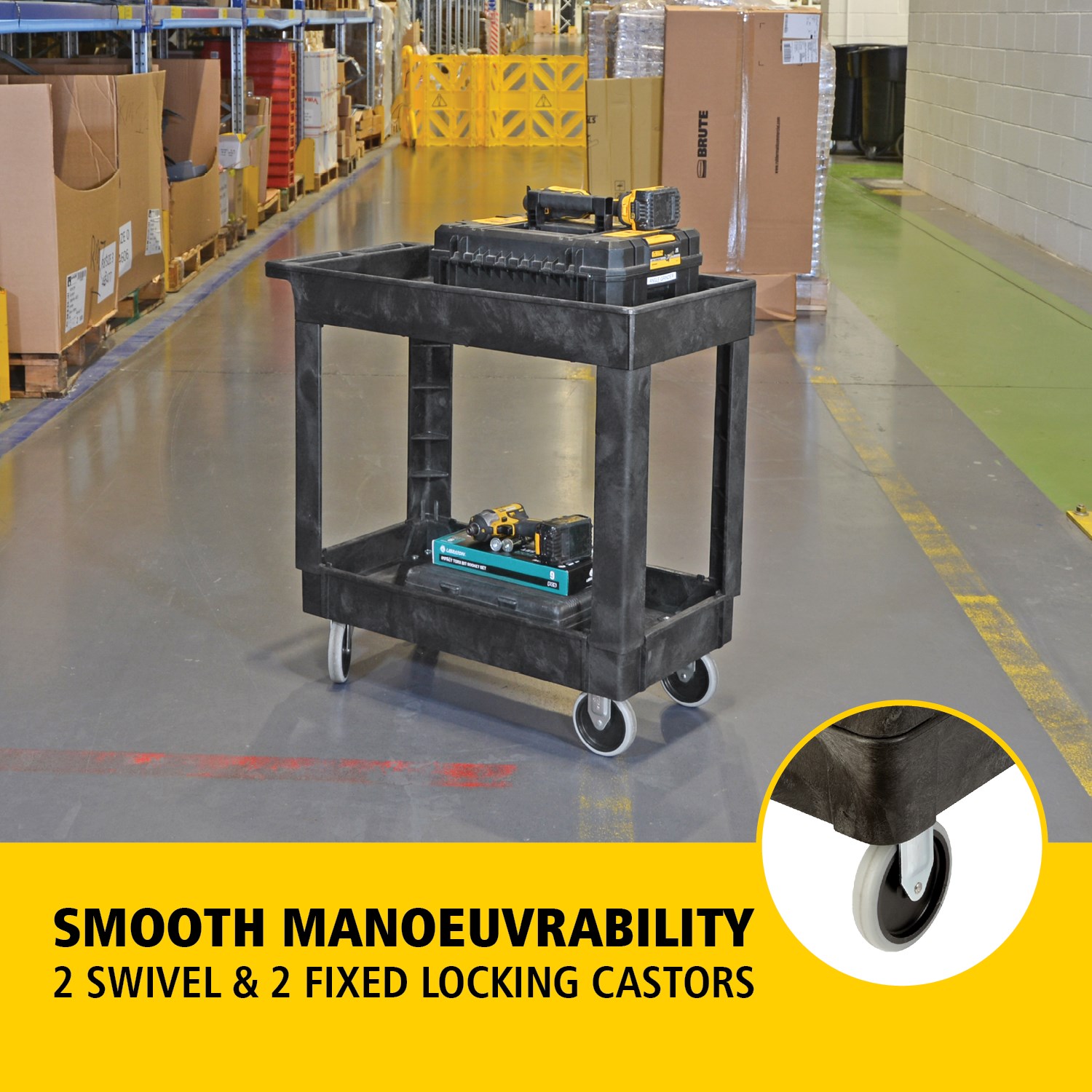 Heavy-Duty Utility Cart with Lipped Shelf transports materials, supplies, and heavy loads securely with up to 226Kg load capacity. The lipped shelves prevents items from falling off the cart.