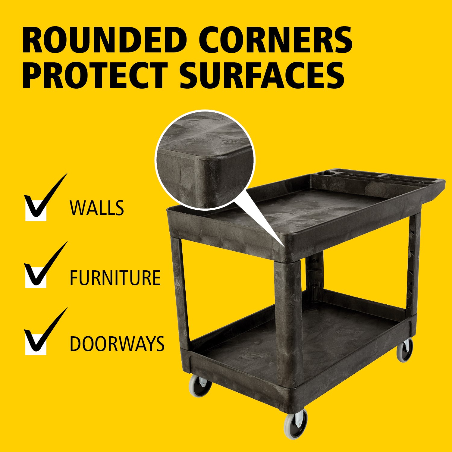 Heavy-Duty Utility Cart with Lipped Shelf transports materials, supplies, and heavy loads securely with up to 226Kg load capacity. The lipped shelves prevents items from falling off the cart.