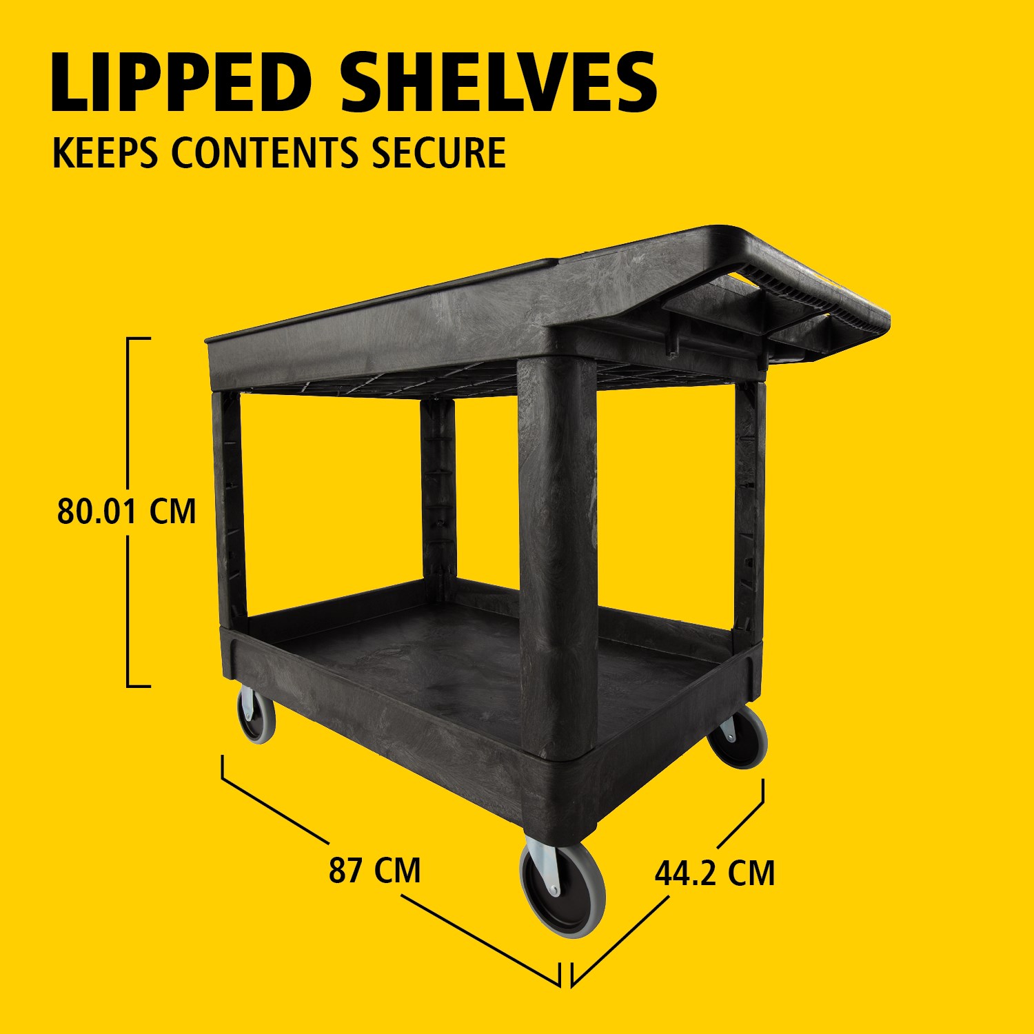 Heavy-Duty Utility Cart with Lipped Shelf transports materials, supplies, and heavy loads securely with up to 226Kg load capacity. The lipped shelves prevents items from falling off the cart.