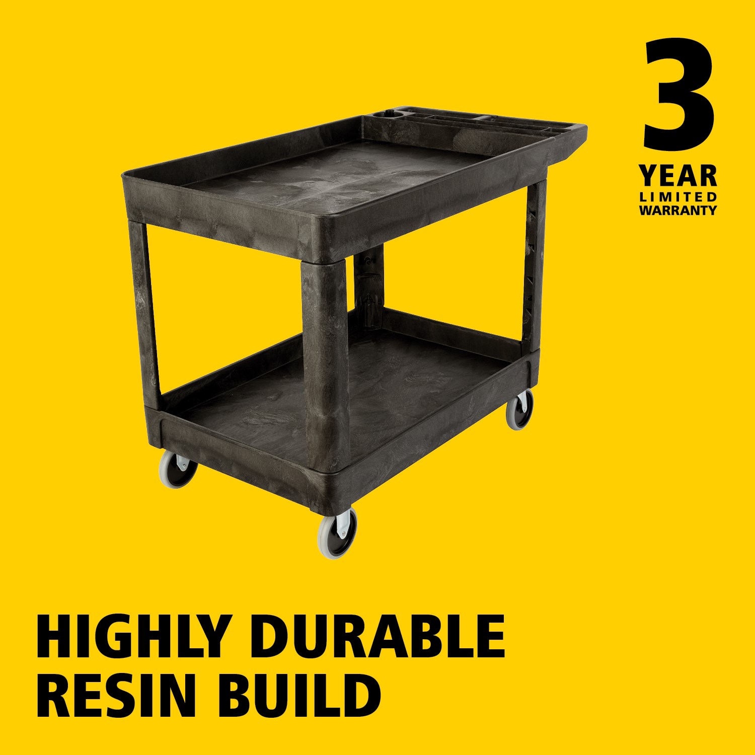 Heavy-Duty Utility Cart with Lipped Shelf transports materials, supplies, and heavy loads securely with up to 226Kg load capacity. The lipped shelves prevents items from falling off the cart.