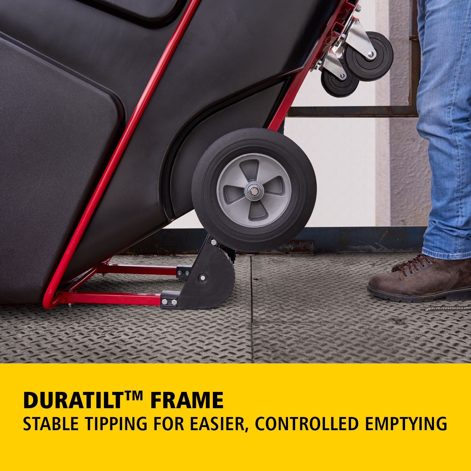 The BRUTE Standard Rotomolded Tilt Truck 382l has industrial strength construction and can transport heavy loads up to 385kg. The DuraTilt™ frame enables controlled unloading by one person and reinforced corner points help prevent scraping, and paint transfer onto the ground during unloading.