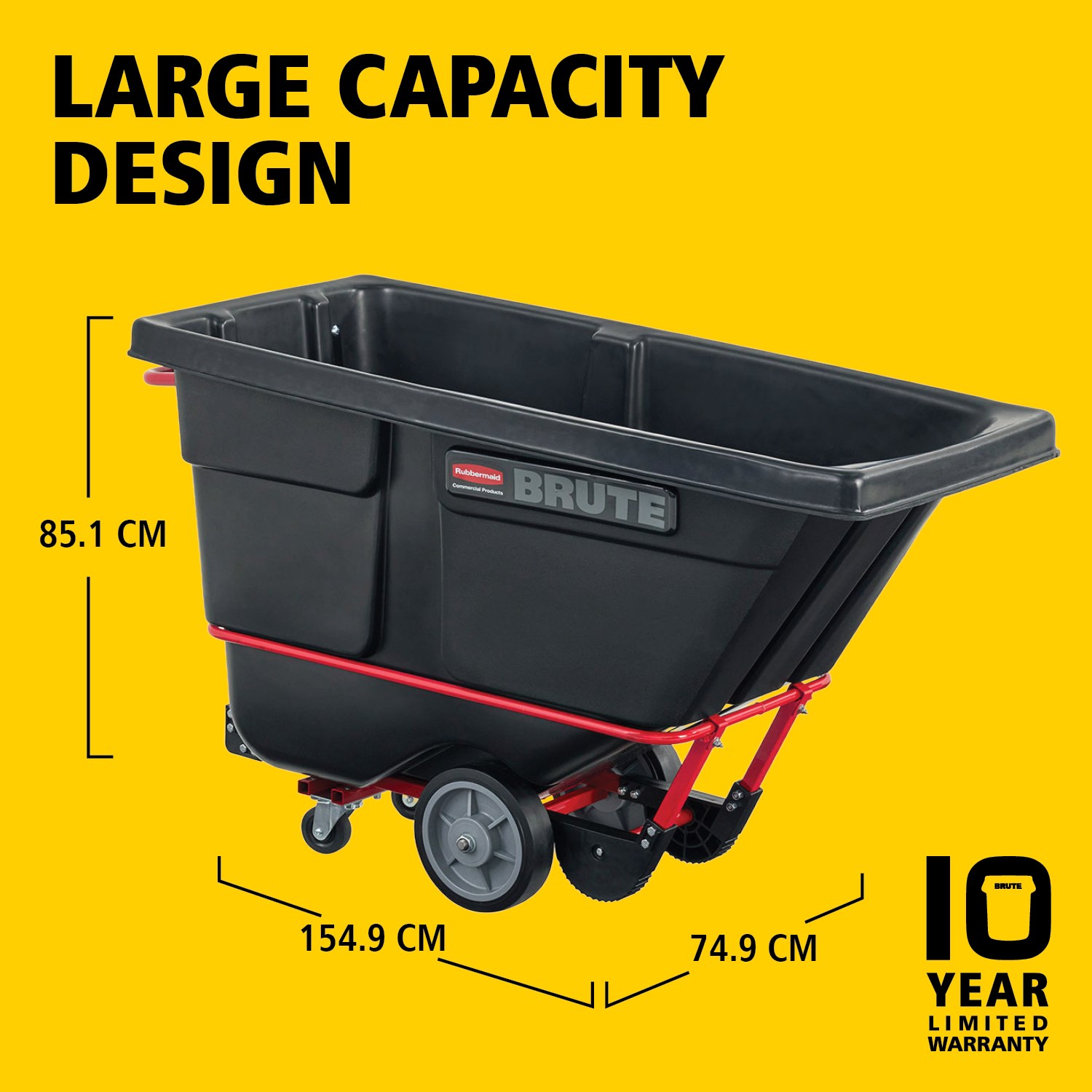 .The BRUTE Heavy Duty Rotomolded Tilt Truck 382l has industrial strength construction and can transport heavy loads up to 635Kg. The DuraTilt™ frame enables controlled unloading by one person and reinforced corner points help prevent scraping, and paint transfer onto the ground during unloading.