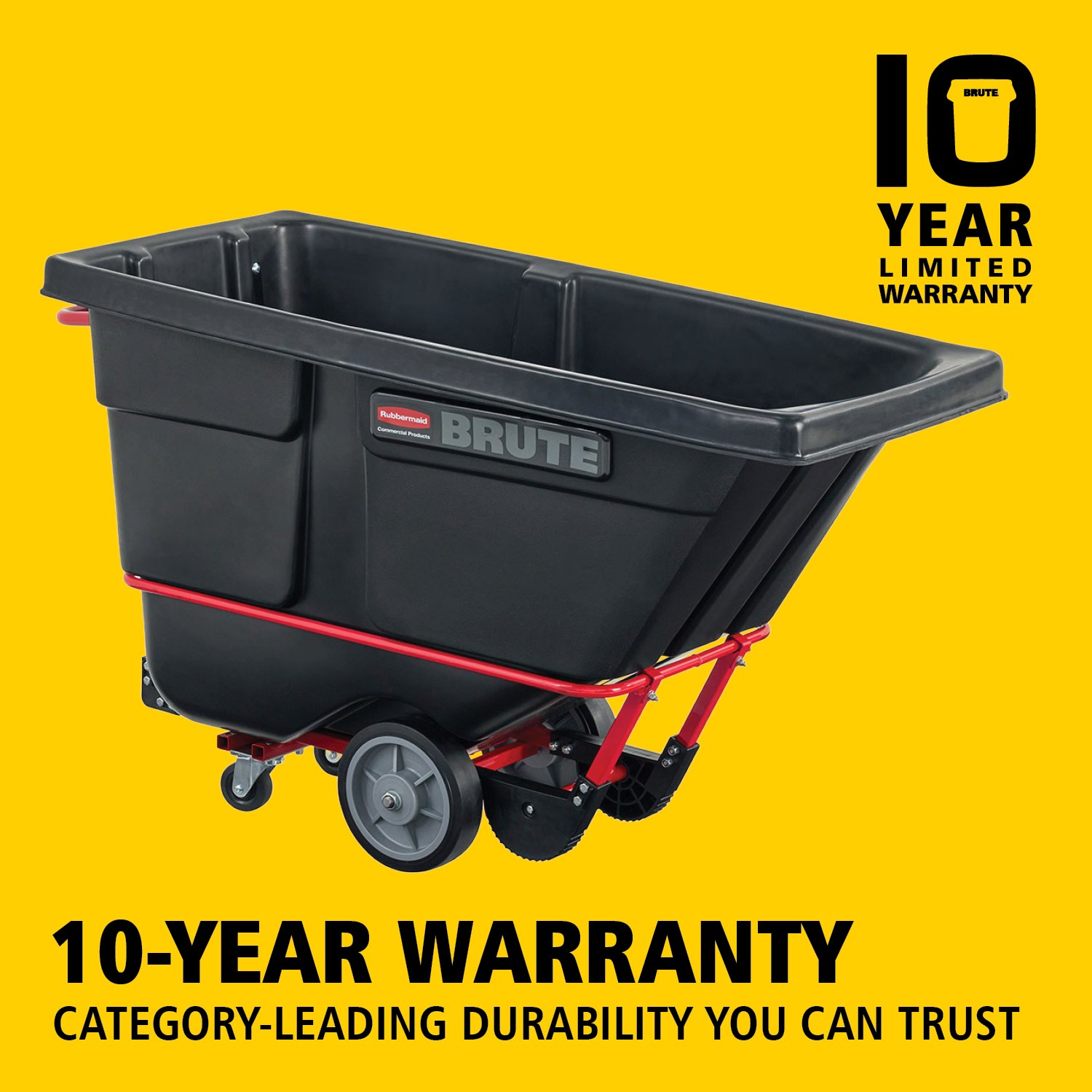 .The BRUTE Heavy Duty Rotomolded Tilt Truck 382l has industrial strength construction and can transport heavy loads up to 635Kg. The DuraTilt™ frame enables controlled unloading by one person and reinforced corner points help prevent scraping, and paint transfer onto the ground during unloading.