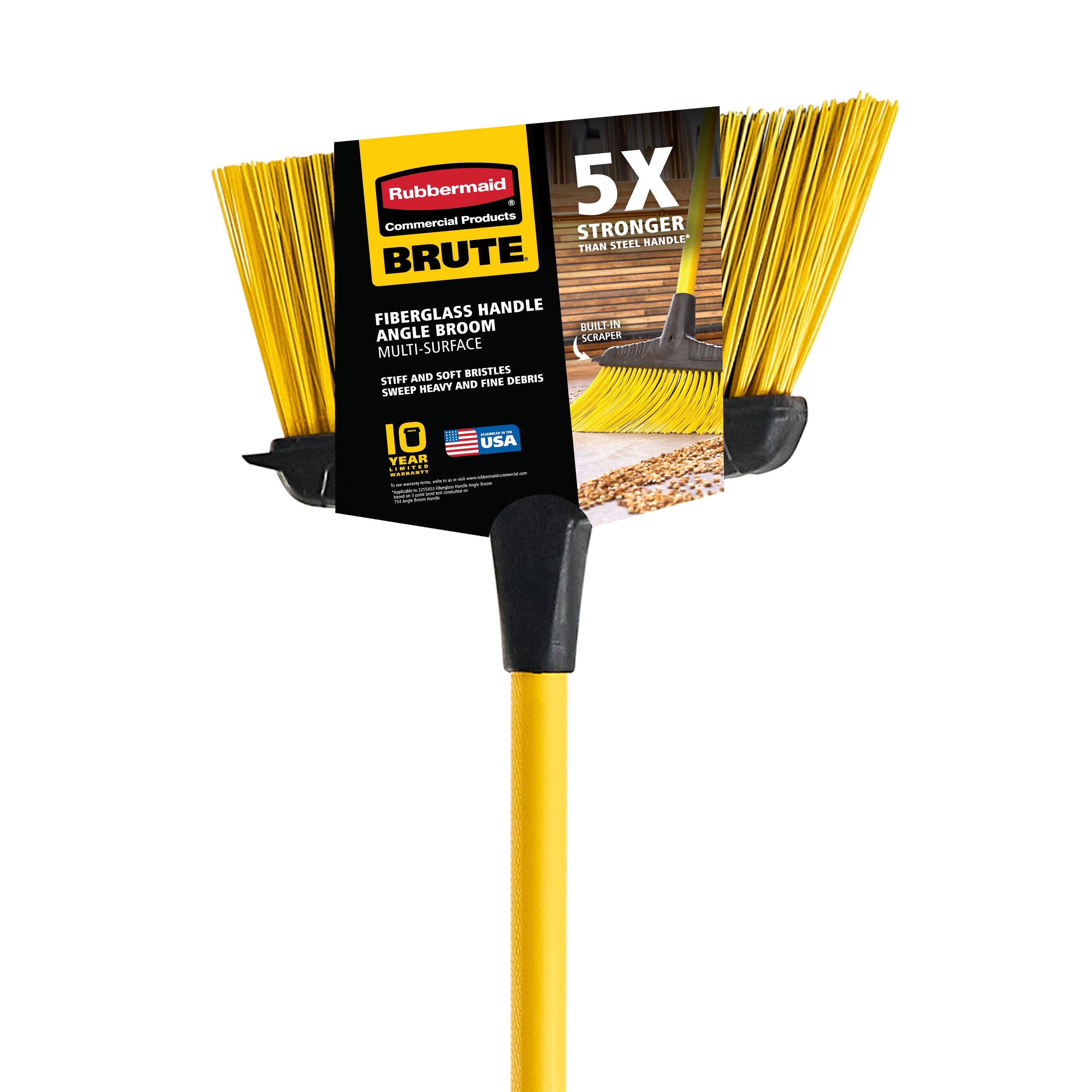 The Rubbermaid Commercial Products® BRUTE® Multi-Surface Fiberglass Handle Angle Broom delivers a higher standard of sweeping durability and performance, with a fiberglass handle engineered to be up to 5X stronger than steel.