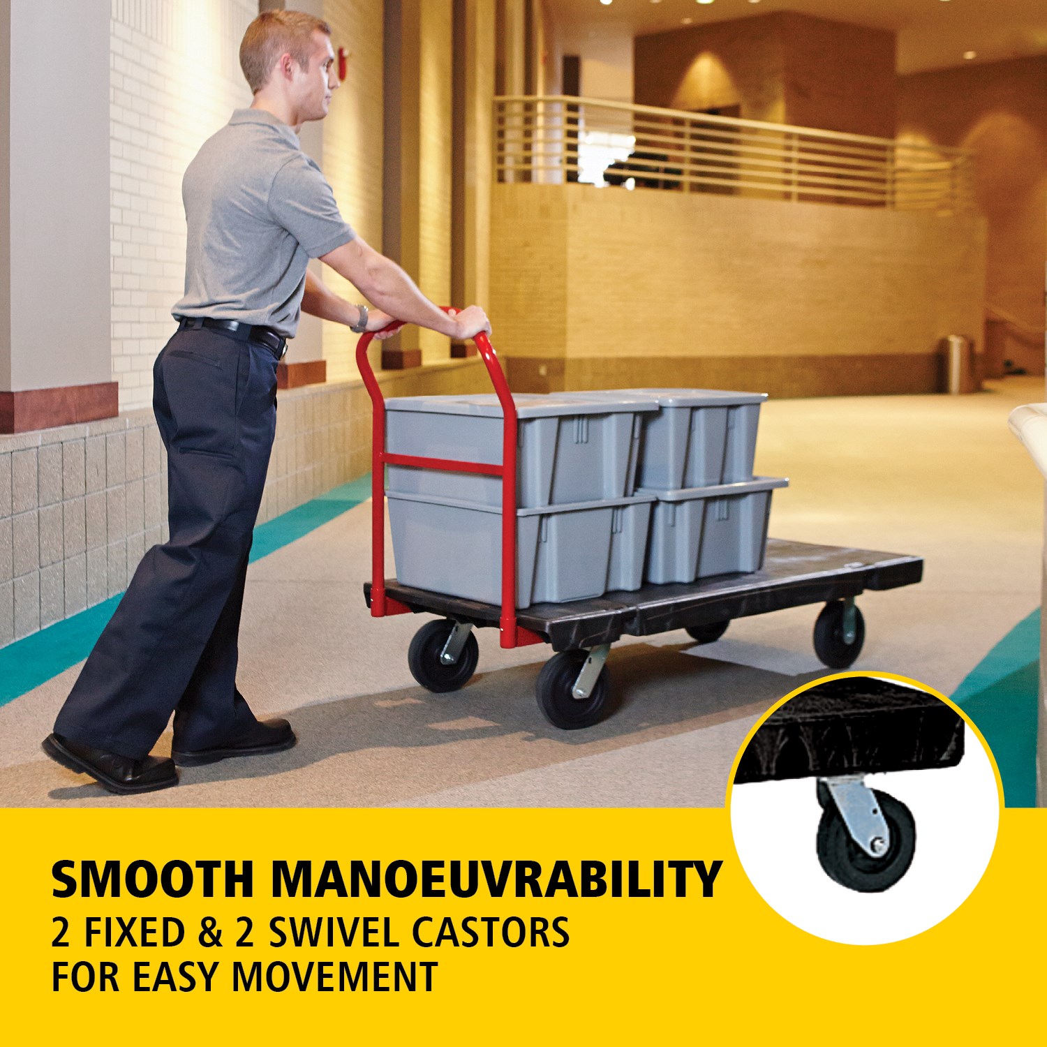 Les chariots plateforme Heavy-Duty sont idéals pour déplacer efficacement des charges lourdes, volumineuses et encombrantes dans tout un site, avec une capacité allant jusqu’à 454 kg – 907 kg (selon le modèle).
