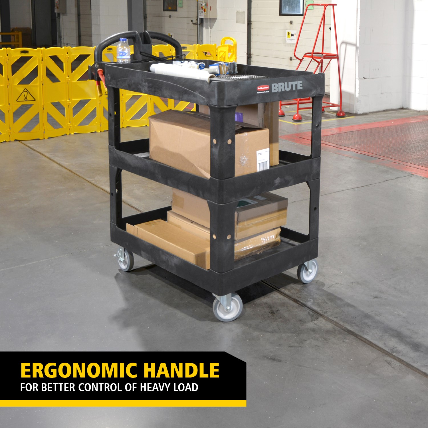The BRUTE Heavy-Duty Utility Cart with Lipped Shelf transports materials, supplies, and heavy loads securely with up to 226Kg - 340Kg (size dependent) and option of 2,3 & 4 shelves for increased capacity. The lipped shelves prevents items from falling off the cart and features a premium ergonomic handle for easy manoeuvrability.