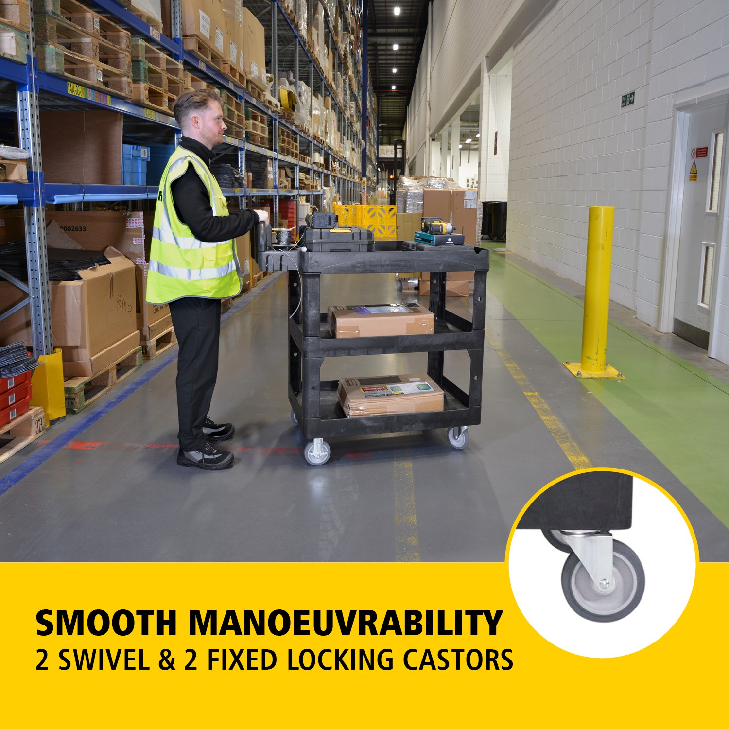 The BRUTE Heavy-Duty Utility Cart with Lipped Shelf transports materials, supplies, and heavy loads securely with up to 226Kg - 340Kg (size dependent) and option of 2,3 & 4 shelves for increased capacity. The lipped shelves prevents items from falling off the cart and features a premium ergonomic handle for easy manoeuvrability.
