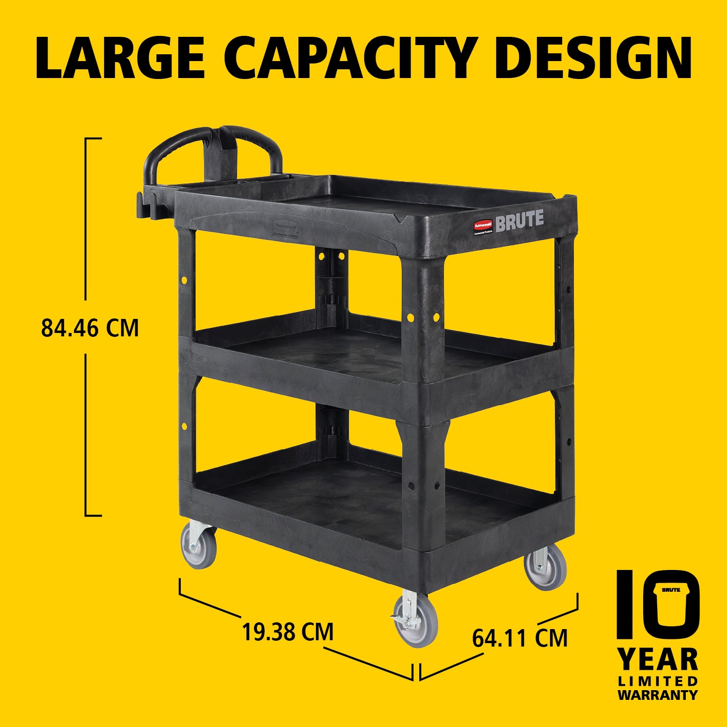 The BRUTE Heavy-Duty Utility Cart with Lipped Shelf transports materials, supplies, and heavy loads securely with up to 226Kg - 340Kg (size dependent) and option of 2,3 & 4 shelves for increased capacity. The lipped shelves prevents items from falling off the cart and features a premium ergonomic handle for easy manoeuvrability.