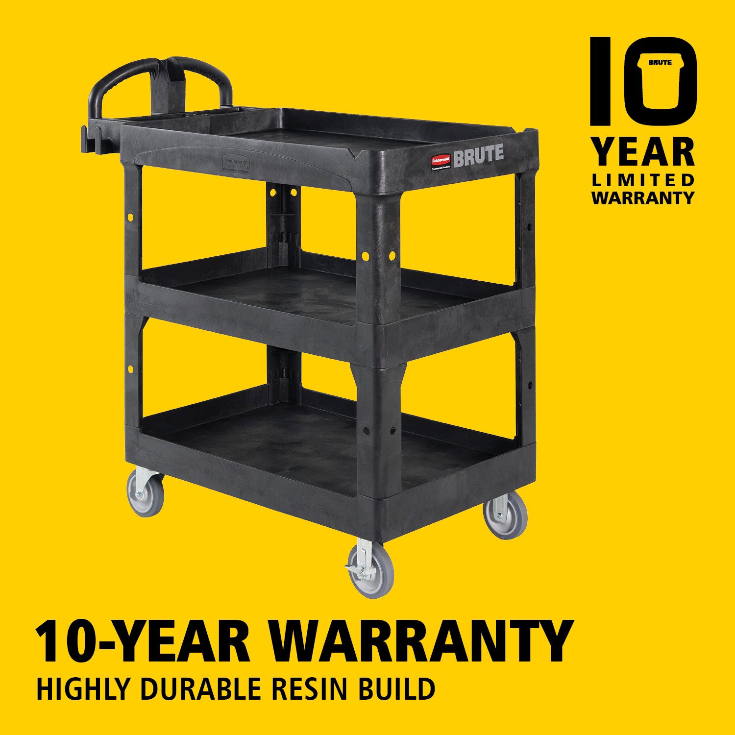 The BRUTE Heavy-Duty Utility Cart with Lipped Shelf transports materials, supplies, and heavy loads securely with up to 226Kg - 340Kg (size dependent) and option of 2,3 & 4 shelves for increased capacity. The lipped shelves prevents items from falling off the cart and features a premium ergonomic handle for easy manoeuvrability.