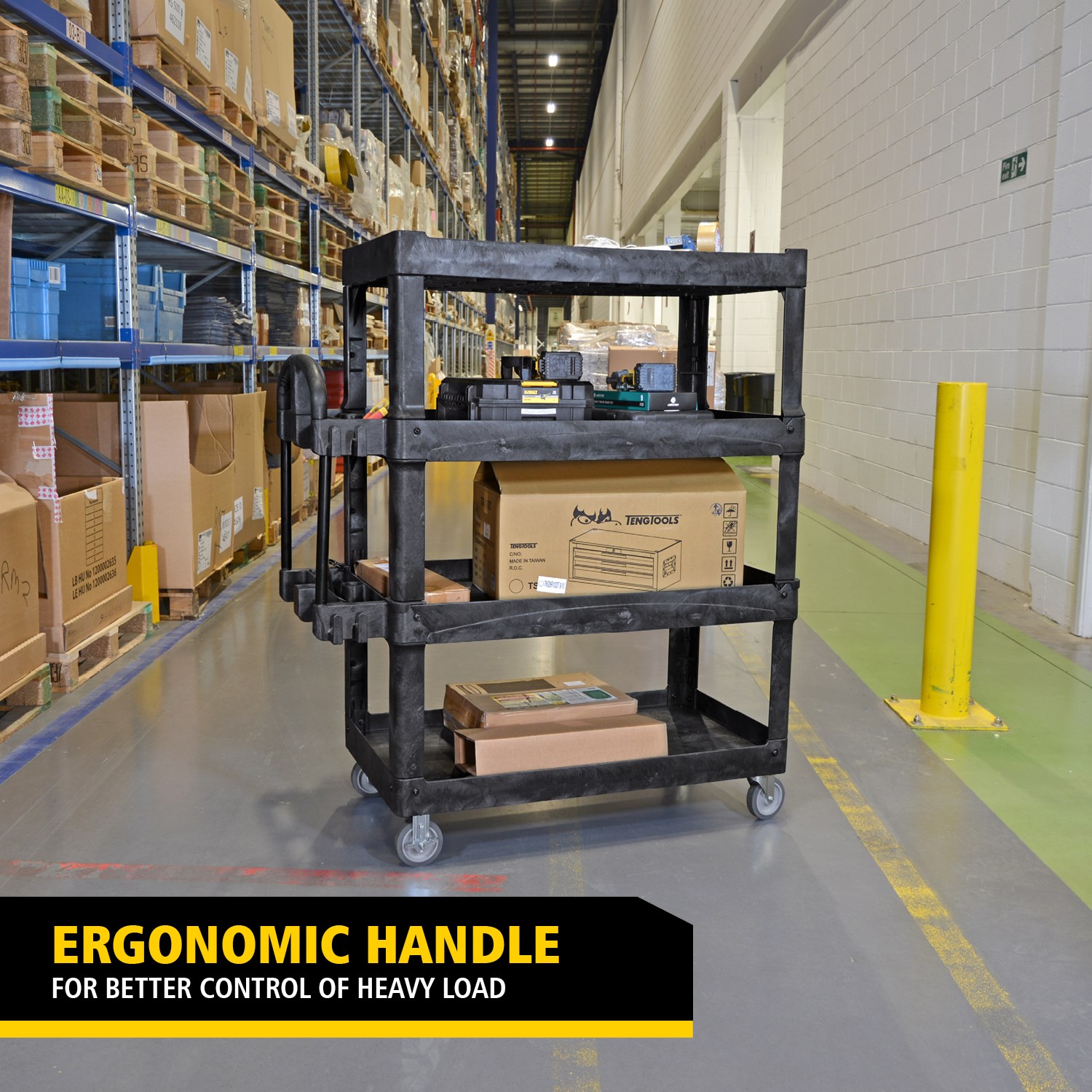 The BRUTE Heavy-Duty Utility Cart with Lipped Shelf transports materials, supplies, and heavy loads securely with up to 226Kg - 340Kg (size dependent) and option of 2,3 & 4 shelves for increased capacity. The lipped shelves prevents items from falling off the cart and features a premium ergonomic handle for easy manoeuvrability.