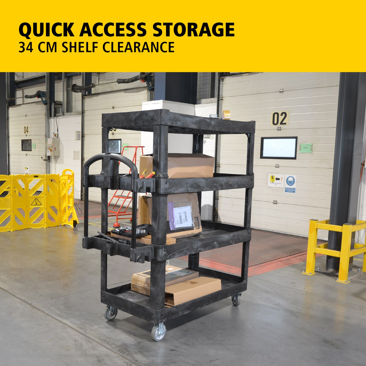 The BRUTE Heavy-Duty Utility Cart with Lipped Shelf transports materials, supplies, and heavy loads securely with up to 226Kg - 340Kg (size dependent) and option of 2,3 & 4 shelves for increased capacity. The lipped shelves prevents items from falling off the cart and features a premium ergonomic handle for easy manoeuvrability.