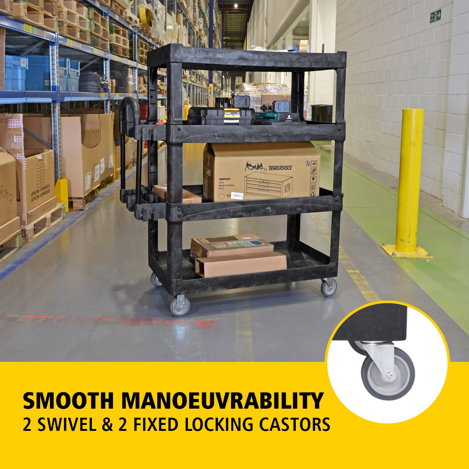 The BRUTE Heavy-Duty Utility Cart with Lipped Shelf transports materials, supplies, and heavy loads securely with up to 226Kg - 340Kg (size dependent) and option of 2,3 & 4 shelves for increased capacity. The lipped shelves prevents items from falling off the cart and features a premium ergonomic handle for easy manoeuvrability.