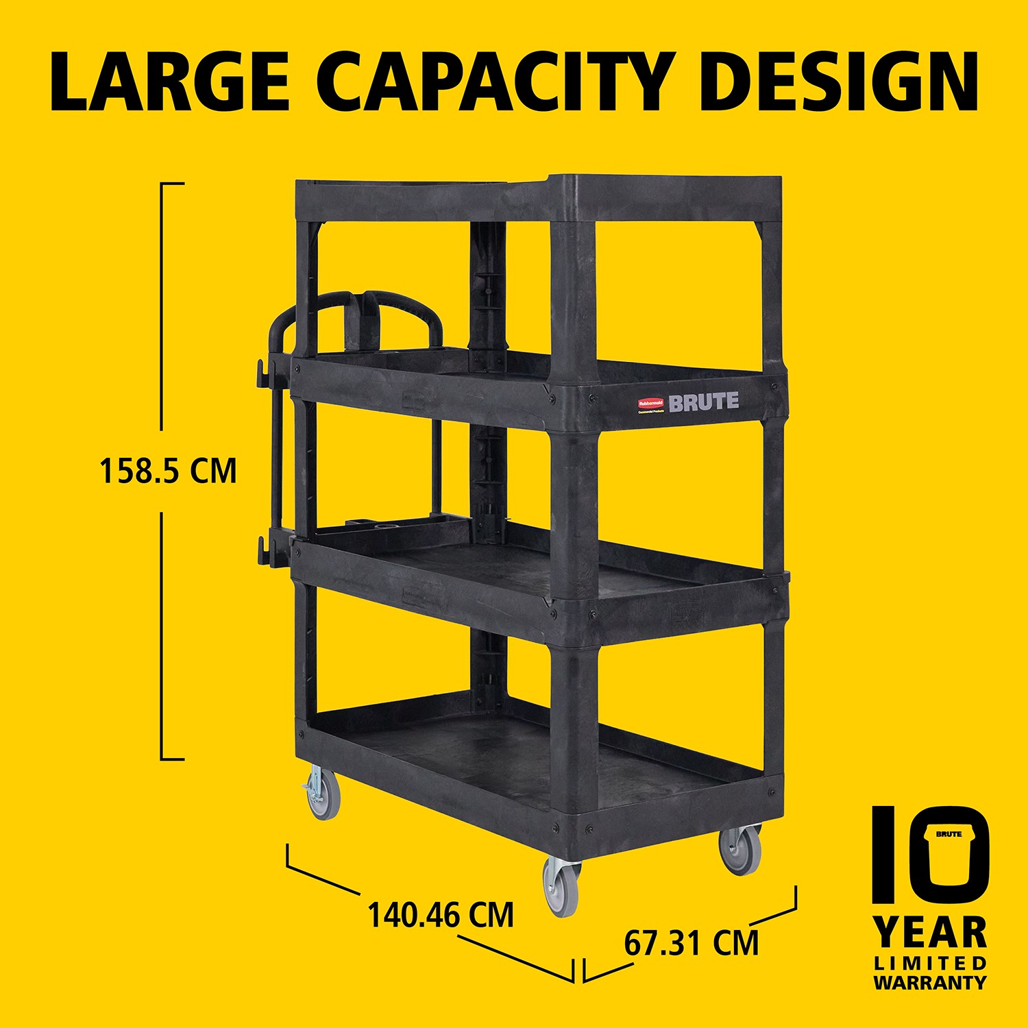 The BRUTE Heavy-Duty Utility Cart with Lipped Shelf transports materials, supplies, and heavy loads securely with up to 226Kg - 340Kg (size dependent) and option of 2,3 & 4 shelves for increased capacity. The lipped shelves prevents items from falling off the cart and features a premium ergonomic handle for easy manoeuvrability.